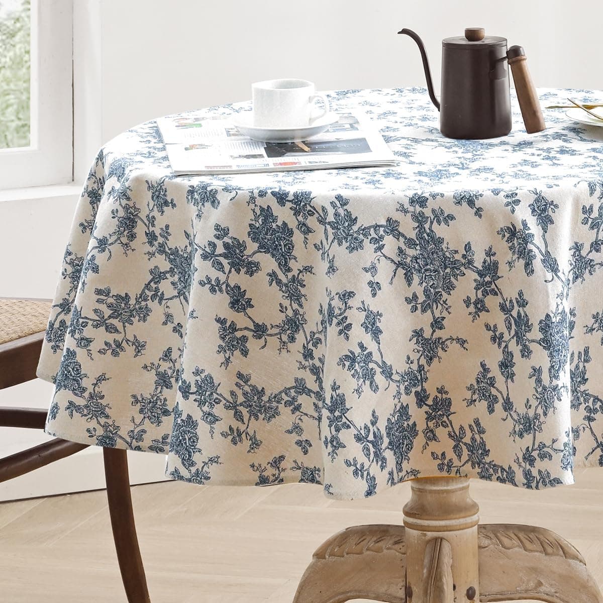 Cotton Linen Round Tablecloth - Pastoral Floral Tablecloth Washable Table Cloth for Kitchen Dining Room Table Cover for Party Dinner, Picnic, Round 47 Inchs
