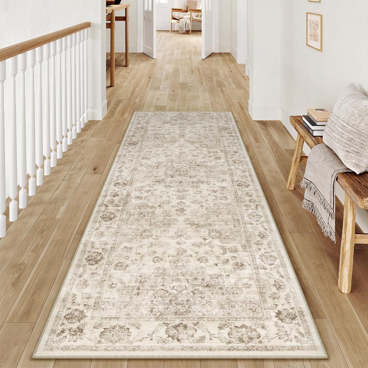 2x6 Washable Neutral Runner Rug Beige Hallway Kitchen Non-Slip Low Pile Floral Carpet Vintage Soft Thin Throw Rug for Bathroom Bedroom Entryway Laundry Dining Room