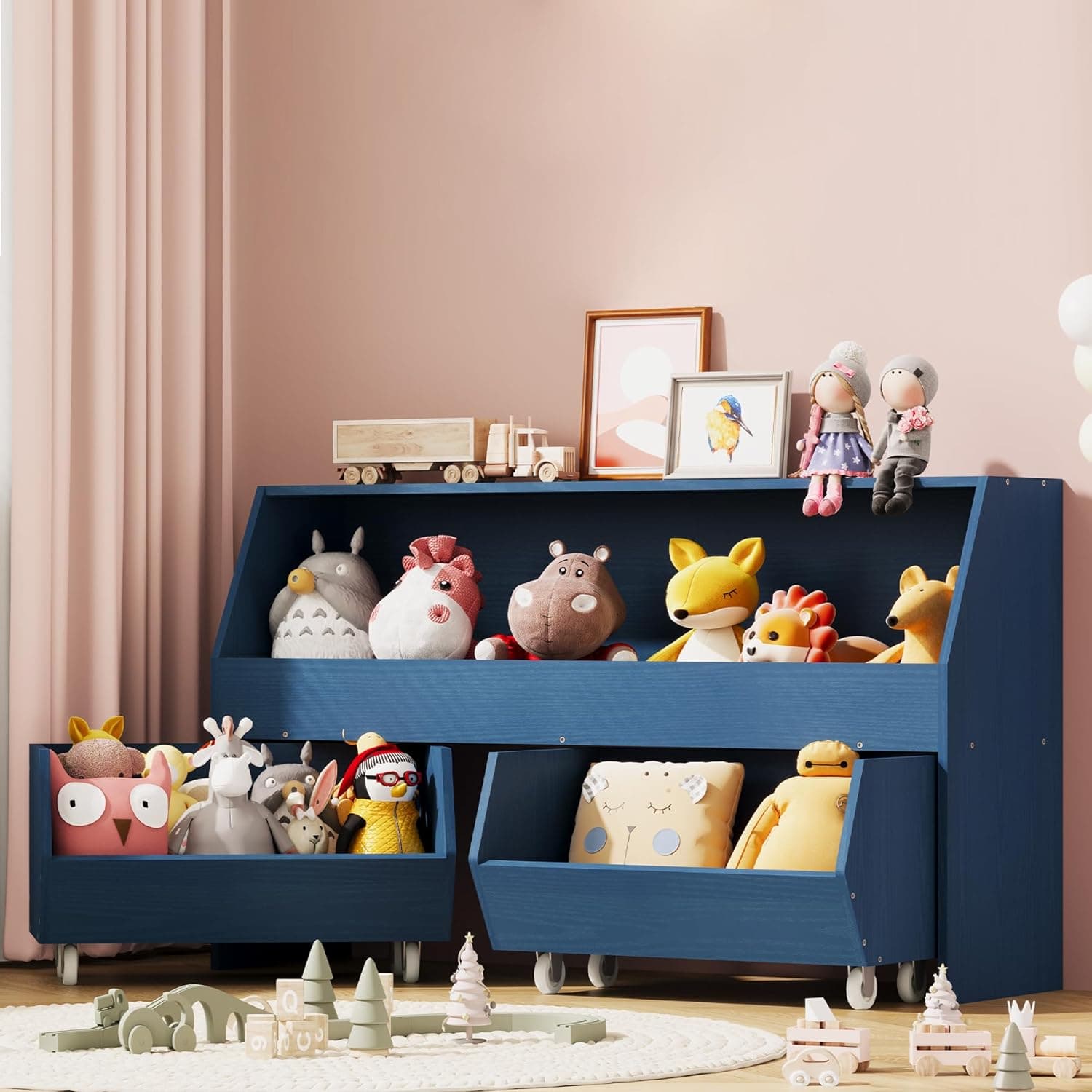 Toy Storage and Organizer for Kid, Large Toy Bin Bookcase Toy Cabinet with Two Moveable Drawers, Children Toddler Storage Carbinet with Wheels for Playroom, Bedroom, Nursery (Dark blue, Regular)