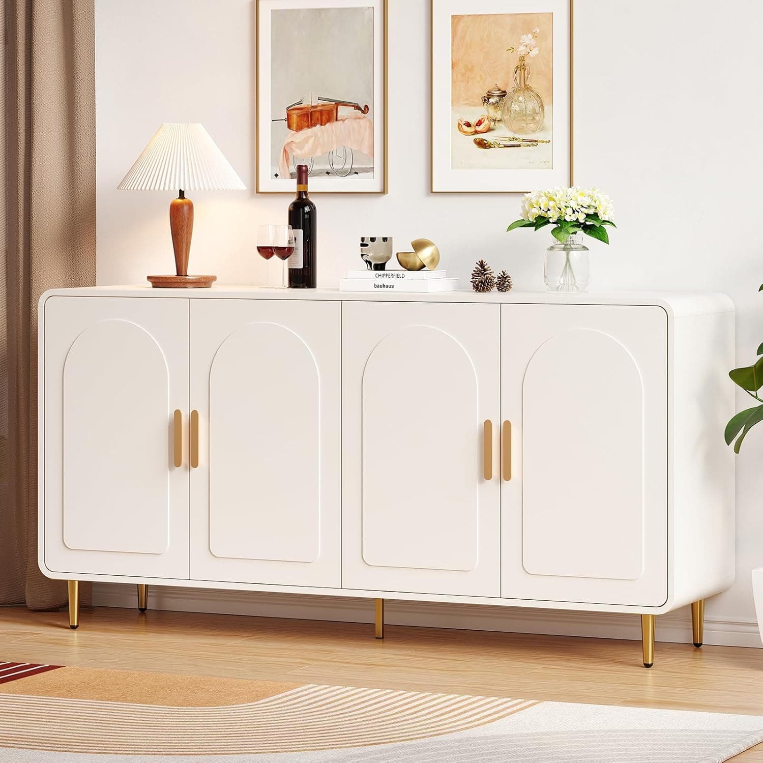 60" Sideboard Buffet Cabinet, Large Credenza Storage Cabinet, Modern Console Table with Doors and Shelves, White Coffee Bar for Living Dining Room Kitchen Hallway