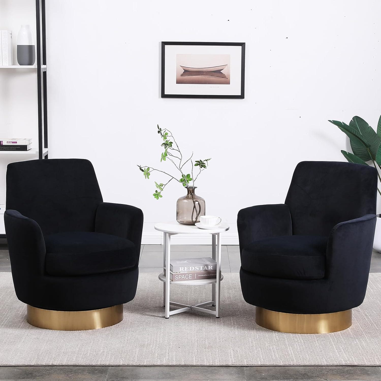 Swivel Barrel Chair Set of 2,Modern Velvet Upholstered Round Swivel Accent Chairs with Tall Backrest,360 Degree Single Sofa Chair Armchair for Living Room, Black