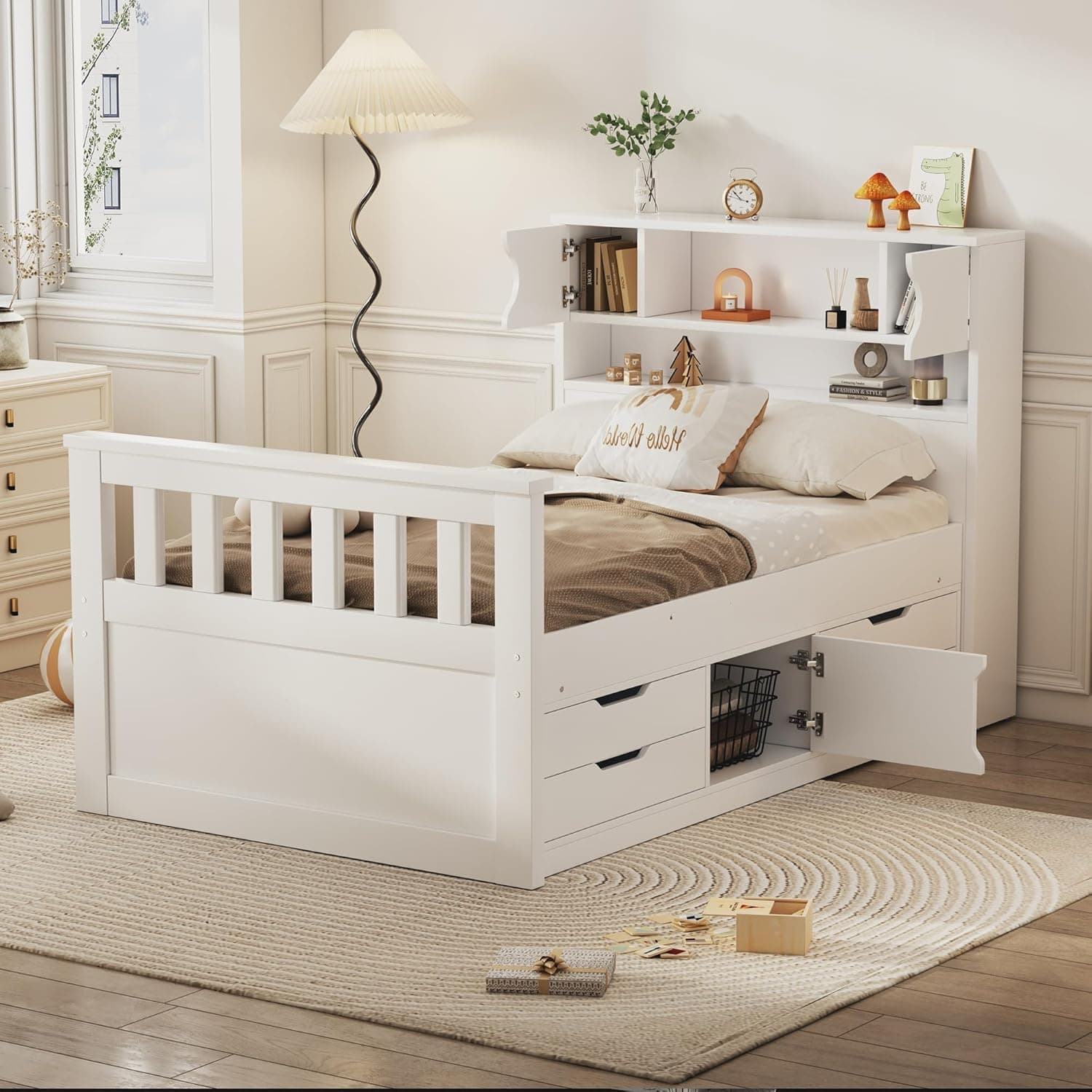 SOFTSEA Twin Size Platform Bed Frame with 4 Drawers, Wood Platform Bed with Storage Bookcase Headboard, Storage Shelves and Door, Twin Captain Bed for Kids, No Box Spring Needed, White