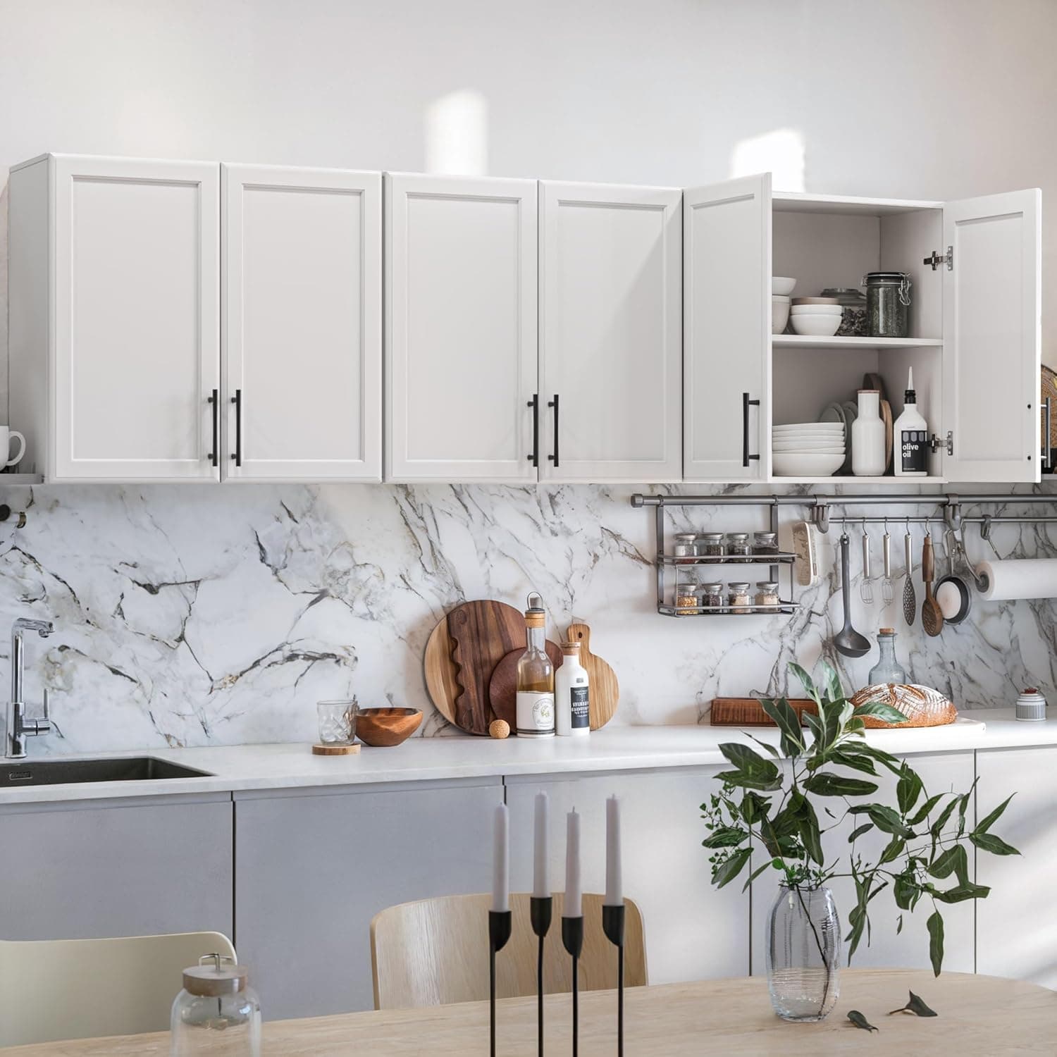 FIMELLO 72’’ Laundry Room Cabinets Set, White Wall Cabinet with Adjustable Shelf and Shaker Doors, Upper Kitchen Cabinet, Cabinets for Laundry, Bathroom, Kitchen -White