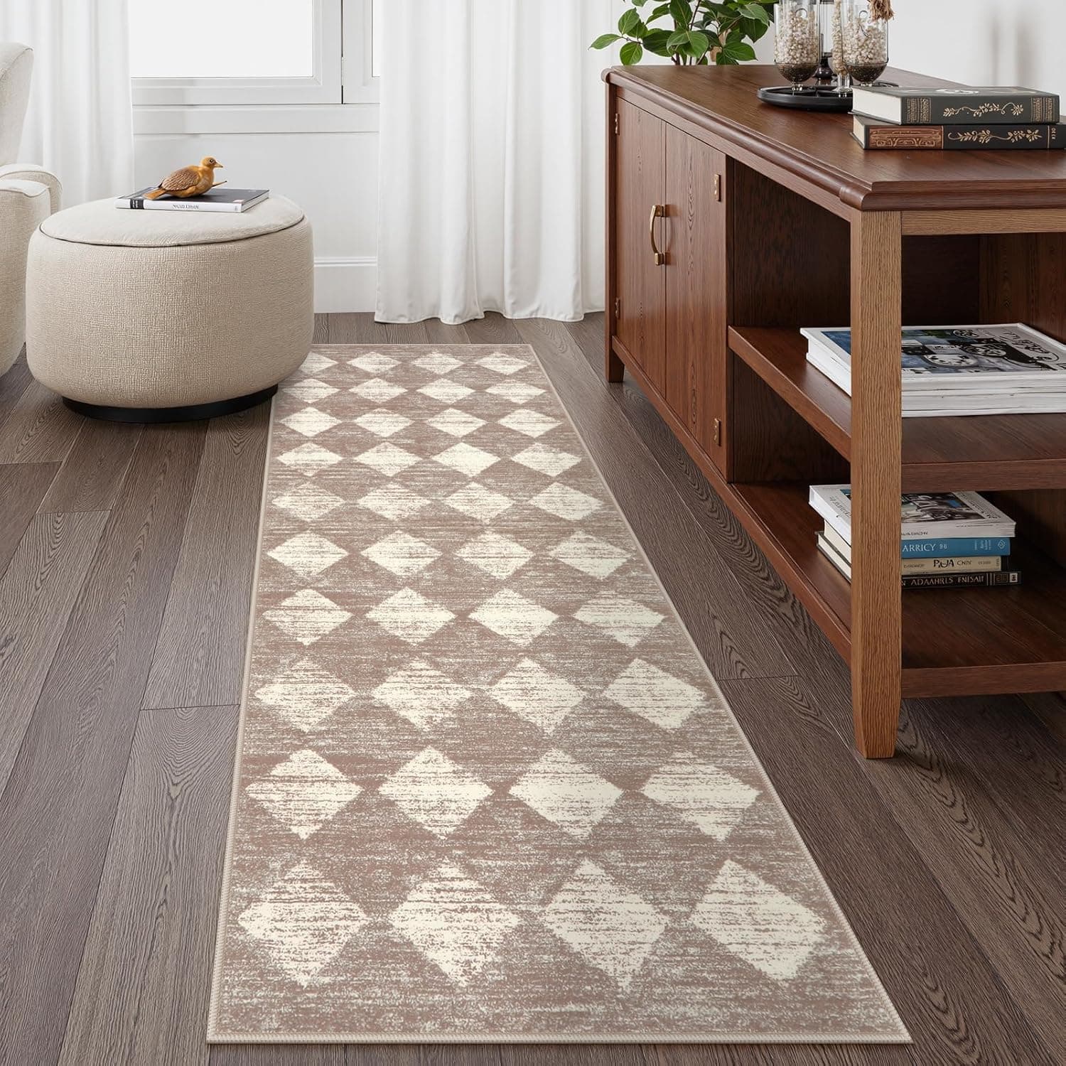 Lahome Moroccan Treills Runner Rug - 2x6 Beige Washable Rug Runner Carpet Runners for Hallway 6ft Non Skid, Checkered Long Kitchen Bathroom Non Skid Runners for Bedroom Hallway Entryway