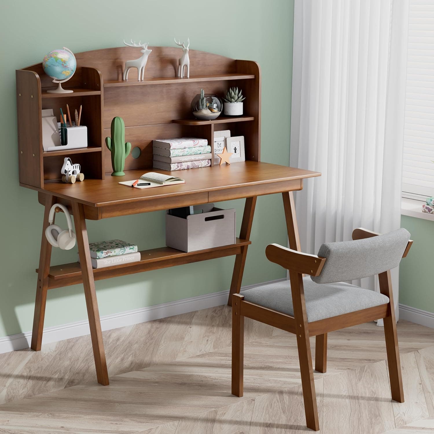 DELAVIN 39.37" Solid Wood Kids Desk and Chair Set, Study Computer Desk with Drawers, Children's Wooden Art Student Desk Set for Bedroom, Study Room, Large Hutch with Wire Hole, Walnut