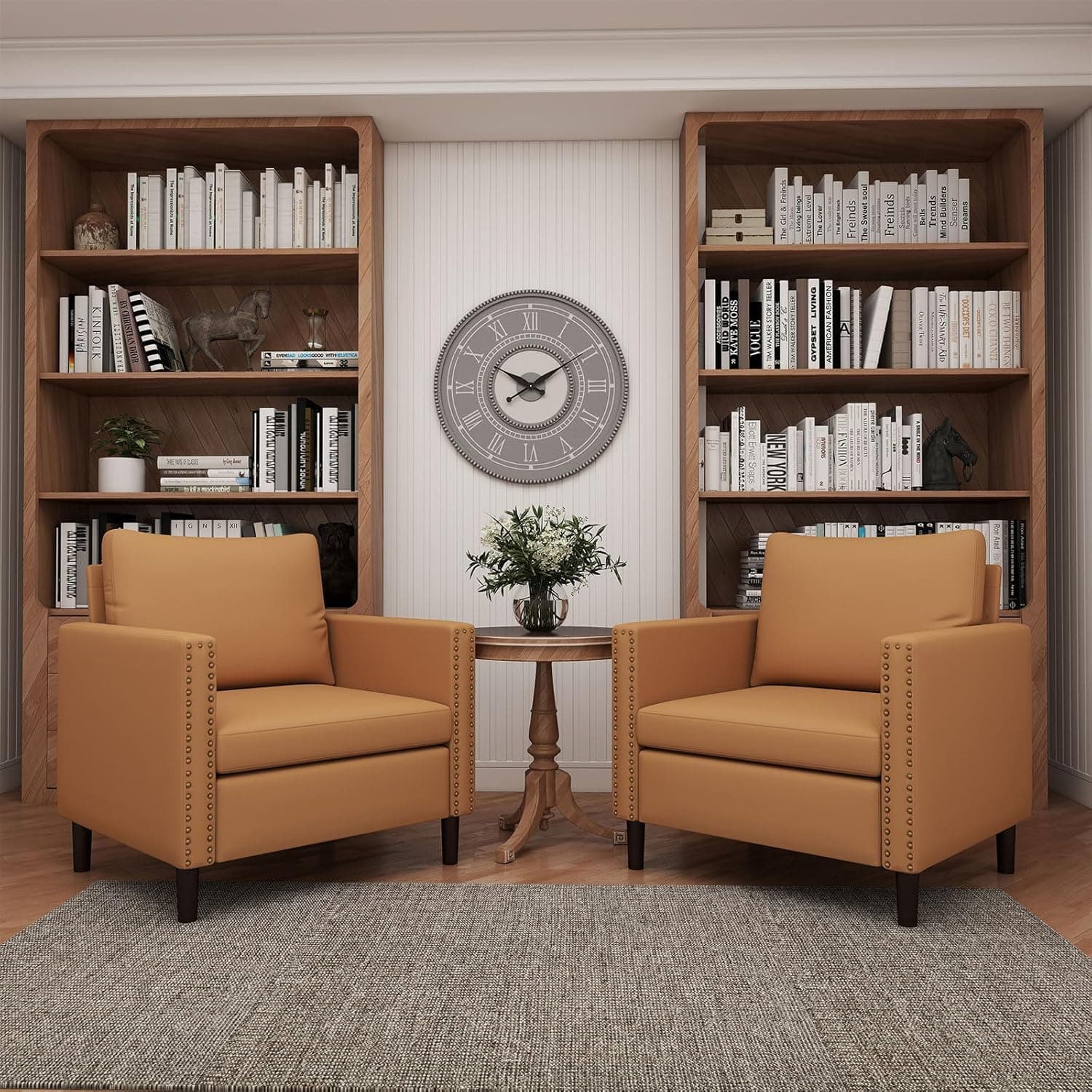 Modern PU Leather Armchair, Mid-Century Accent Chair for Living Room, Comfy Upholstered Reading Accent Chairs for Bedroom and Office, Single Sofa Chair with Wood Legs(Brown, 2 Pack)