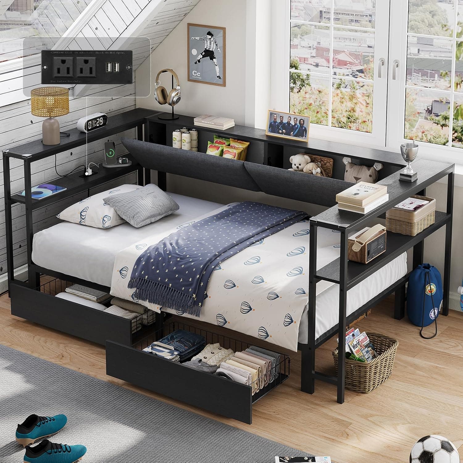 Hasuit Twin Daybed with Storage Bookcase and Drawers, Kids Bedroom Bed Frame Twin Size Unit with Charging Station, Corner Bed with Armrest Storage Shelves and Upholstered Backrest for Small Space
