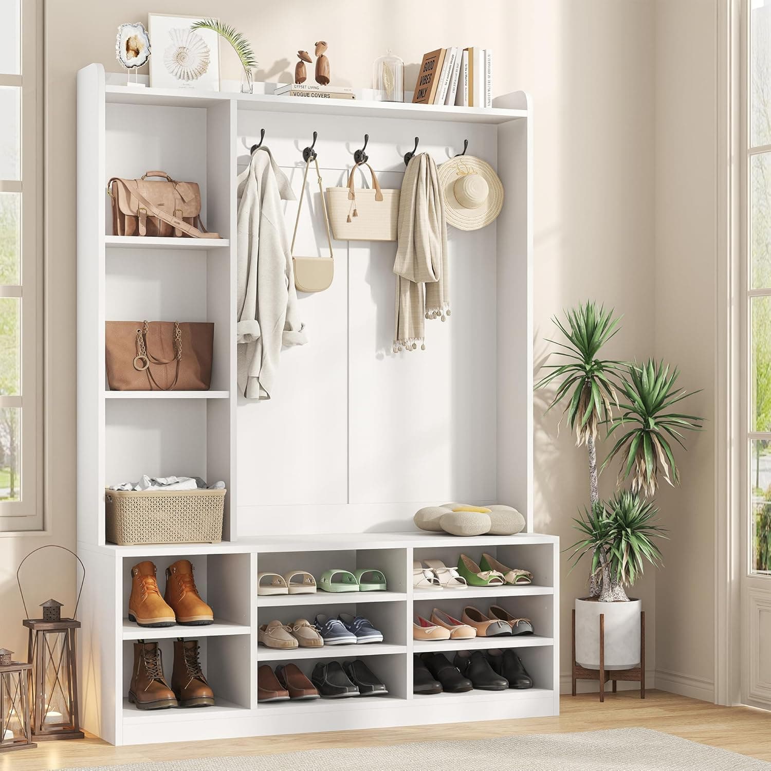 Hall Tree with Bench and Shoe Storage, 5-in-1 Entryway Storage Bench, Shoe Rack with Coat Rack, 8 Shoe Cubbies & 5 Coat Hooks, Adjustable Shelf, White