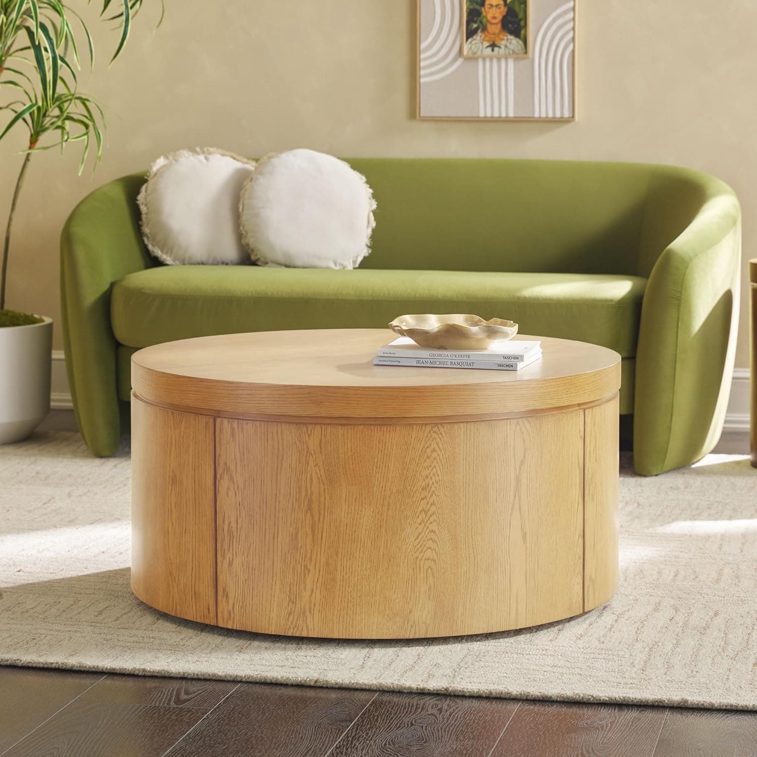 Walker Edison Maya Modern Solid Oak Wood Veneer Coffee Table with Storage, 36 Inch, White Oak