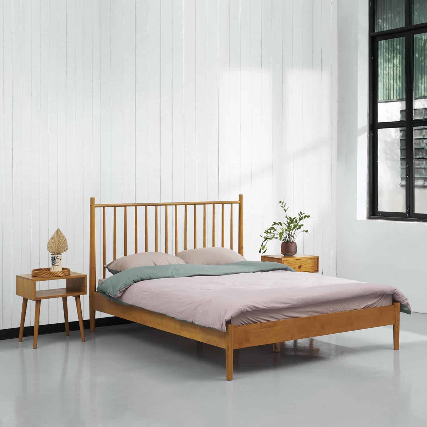 NTC Inno Wooden Bed Frame with Headboard, Solid Oak and Rubber Wood Foundation with Silent Slats and Wood Central Supports, 1000 Lb Capacity, Effortless Assembly, King - Rustic Oak