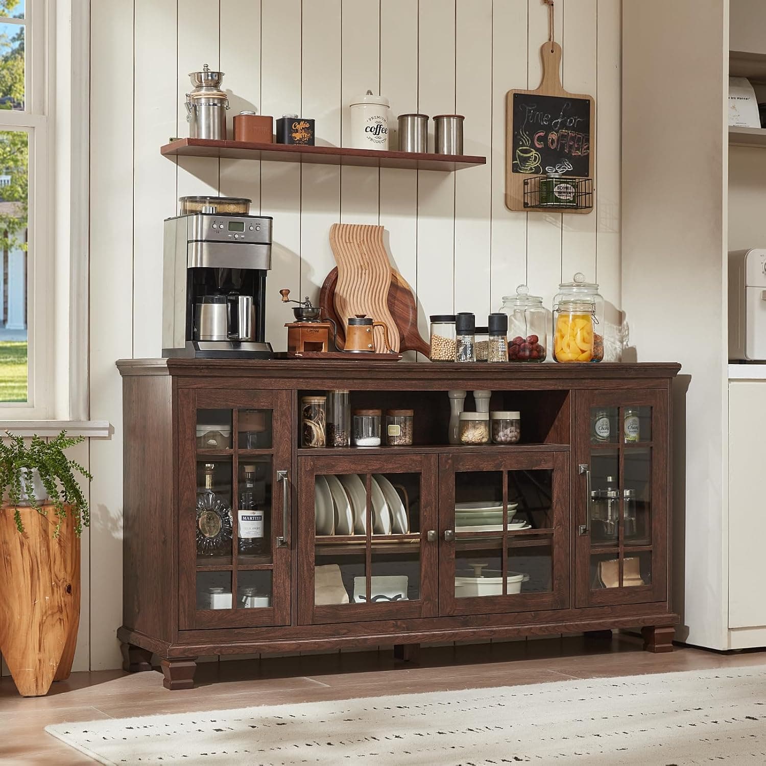 Large Sideboard Buffet Cabinet with Storage, Vintage Walnut Farmhouse 60" Wide Credenza Accent Cabinets with Glass Doors & Wood Legs, Kitchen Coffee Bar Table for Dining Room, Living Room