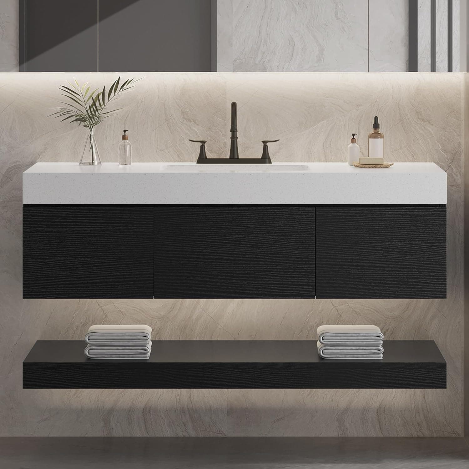YITAHOME 48 Inch Floating Vanity with 3 Drawers, Wall Mounted Bathroom Vanity with White Quartz Countertop & Oak Veneer, Big Space Storage for Modern Bathroom, Black
