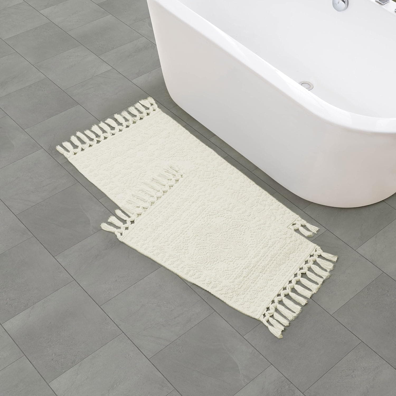 French Connection Nellore Bathroom Rugs, Set of 2 Woven and Beaded Bathroom Mats, Durable Bath Rugs, Thick Bath Mats for Bathroom and Shower Rugs, 17" x 28" and 20" x 38", Ivory