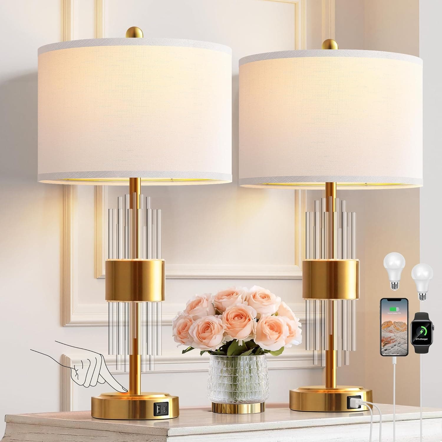 QiMH Table Lamp for Living Room with USB A+C Ports, Gold Bedside Lamps for Bedrooms Set of 2 with Touch Control, Modern Nightstand Lamp White Lamp Shade Home Office Decor (2700K LED Bulb Included)