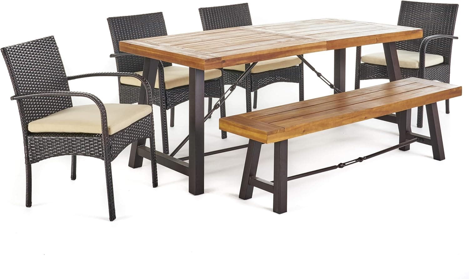Christopher Knight Home Betsys Outdoor Acacia Wood Dining Set with Wicker Dining Chairs and Water Resistant Cushions, 6-Pcs Set, Teak Finish / Rustic Metal / Multibrown / Crème