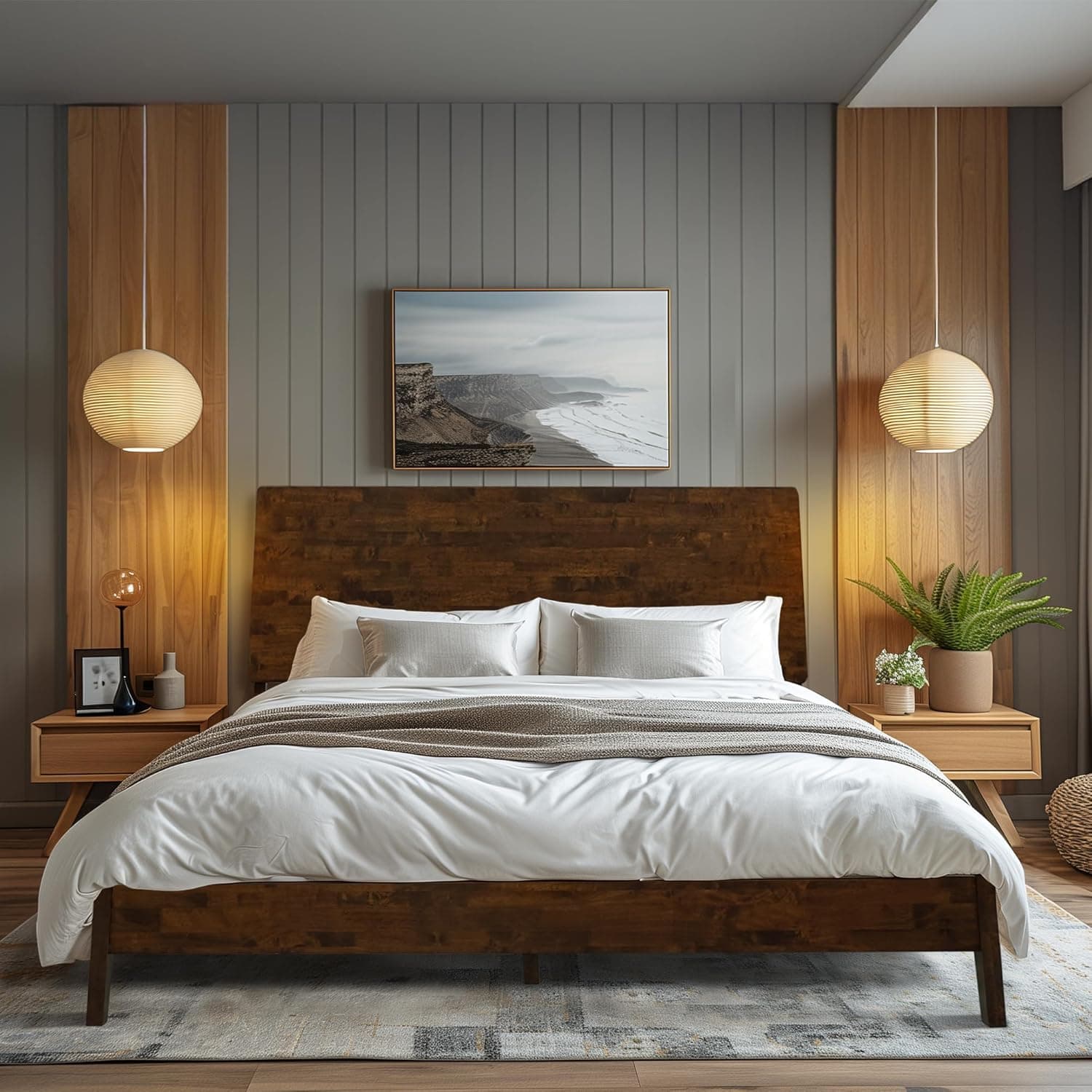 Acacia Serenity Queen Bed Frame with Headboard Natural Wood Bed, Scandinavian Signature High Headboard Compatible with All Mattress Types, 30 Mins Assembly Wood Slats Support Bedroom Furniture, Walnut