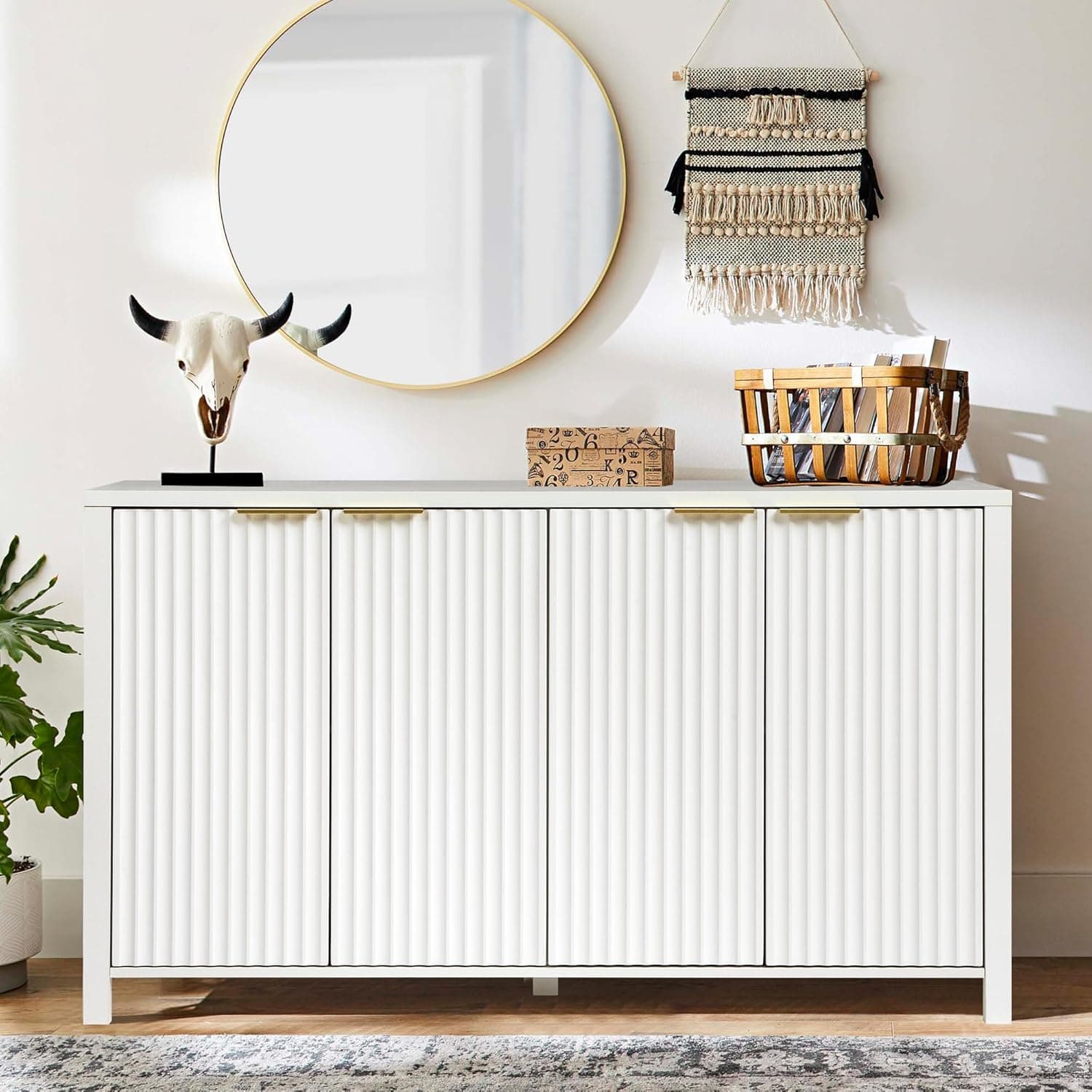 55" Fluted Sideboard Buffet Cabinet with Storage - Kitchen Credenza Storage Cabinets with Adjustable Shelves, Modern Wood Coffee Bar TV Console Cabinet Table, Living Dining Room Entryway (White)