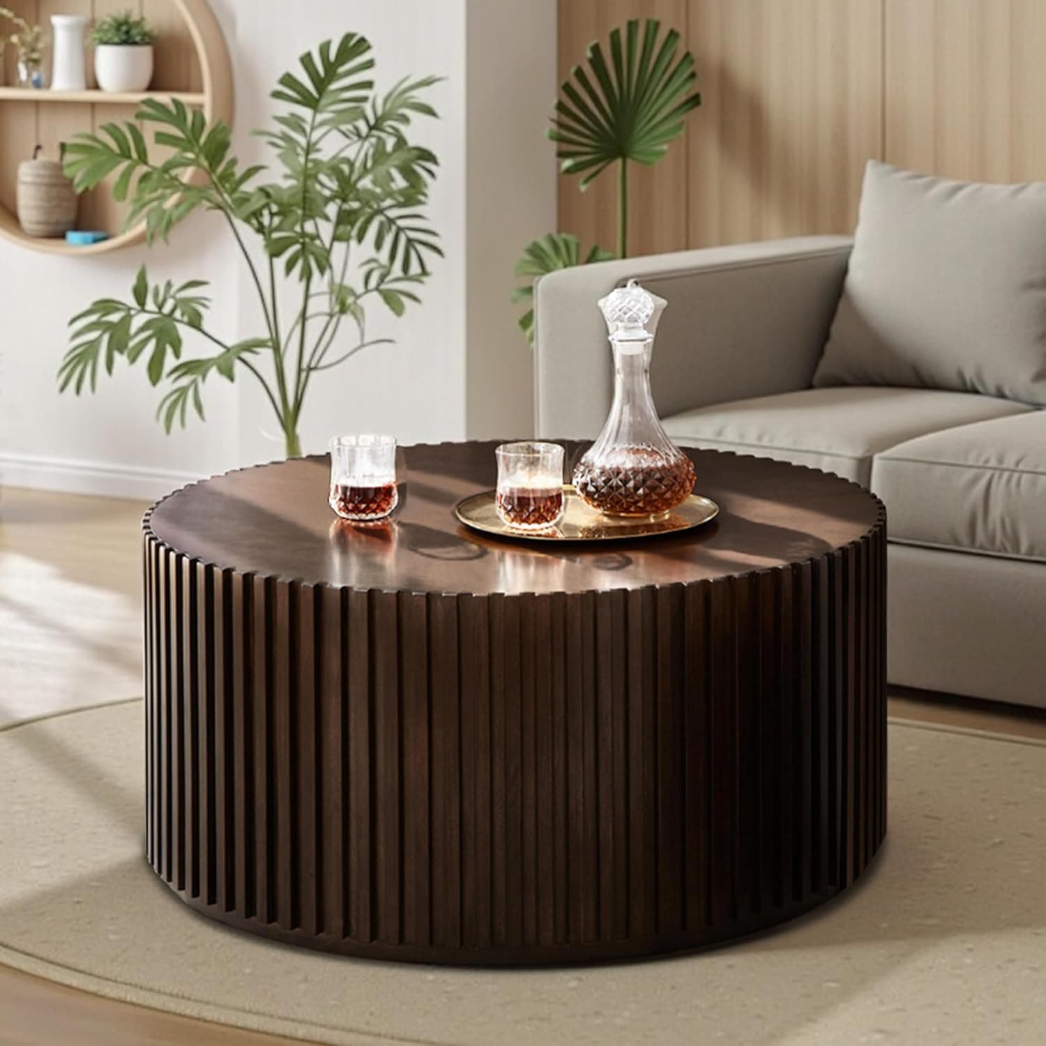 Round Wood Coffee Table for Living Room, Wooden Modern Handcraft Drum Coffee Table, Circle Center Natural Table for Small Space, No Need Assembly (Deep Brown-CT,31x31x16 in)