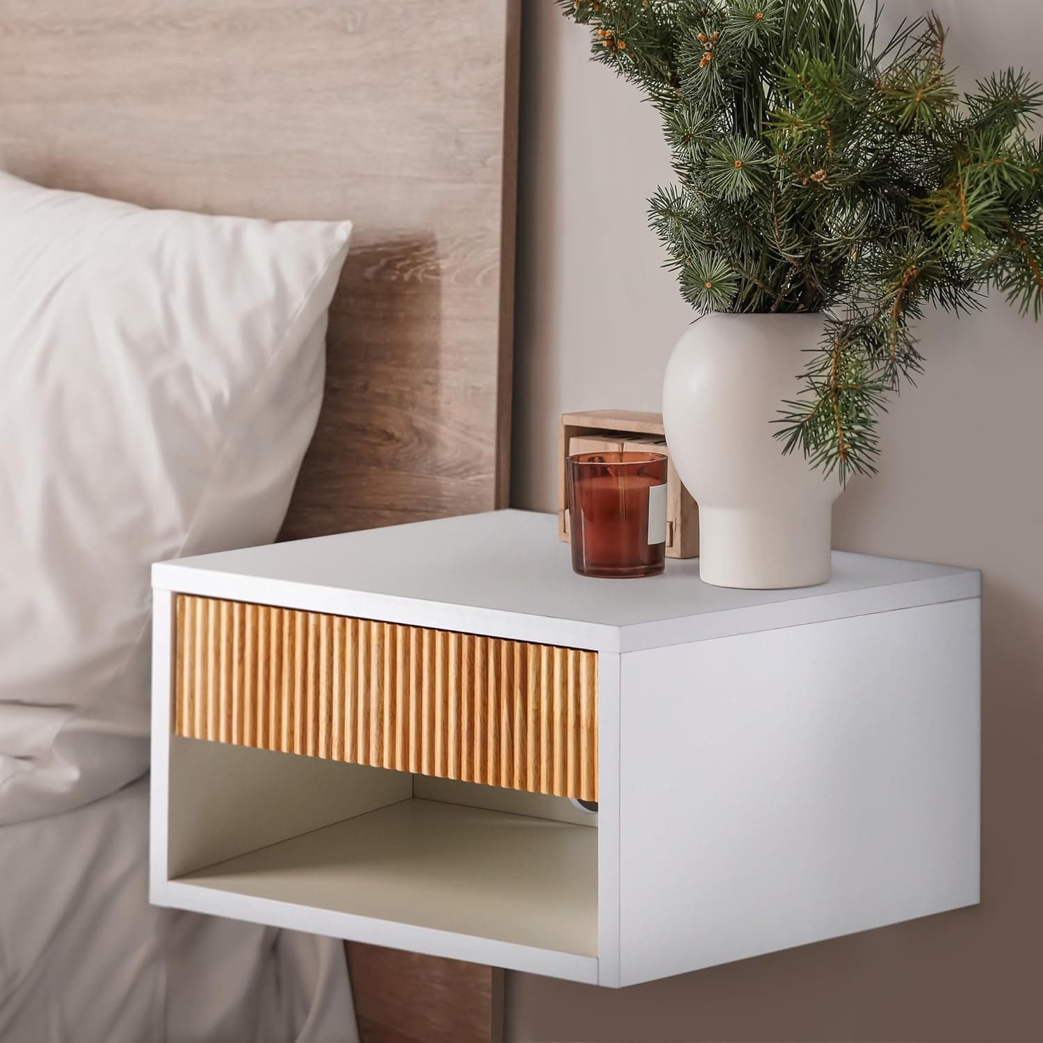 JONATHAN Y NST2001B Elise 15.71" Classic Contemporary Floating Wall Mounted Nightstand with Soft-Close Tambour Drawer and Cable Hole, White/Light Oak