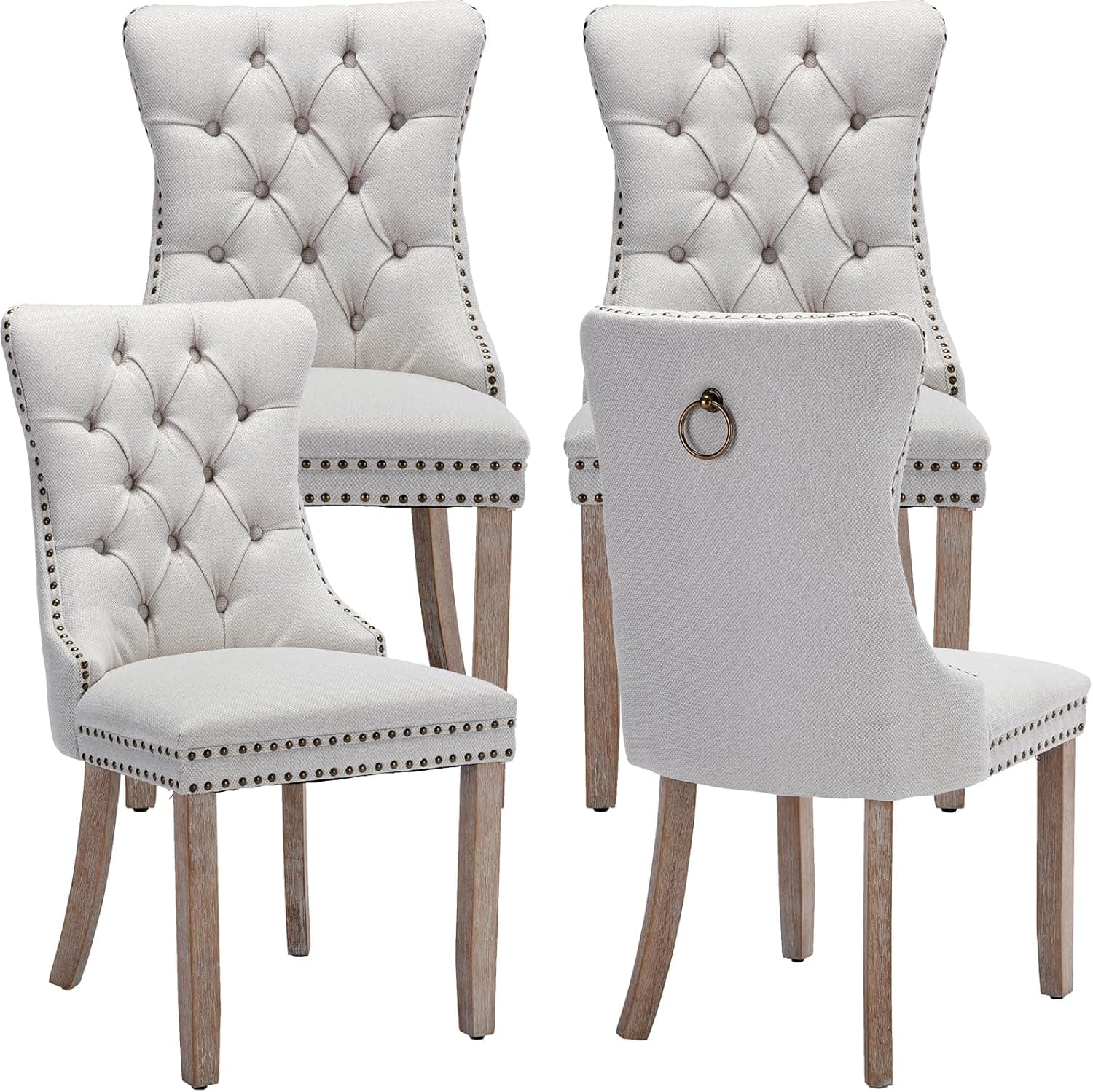 Beige Linen Dining Chairs Set of 4, Kitchen & Dining Room Chairs Set of 4, Tufted Dining Chairs, Upholstered, Wood Legs (Beige White, 4pcs)
