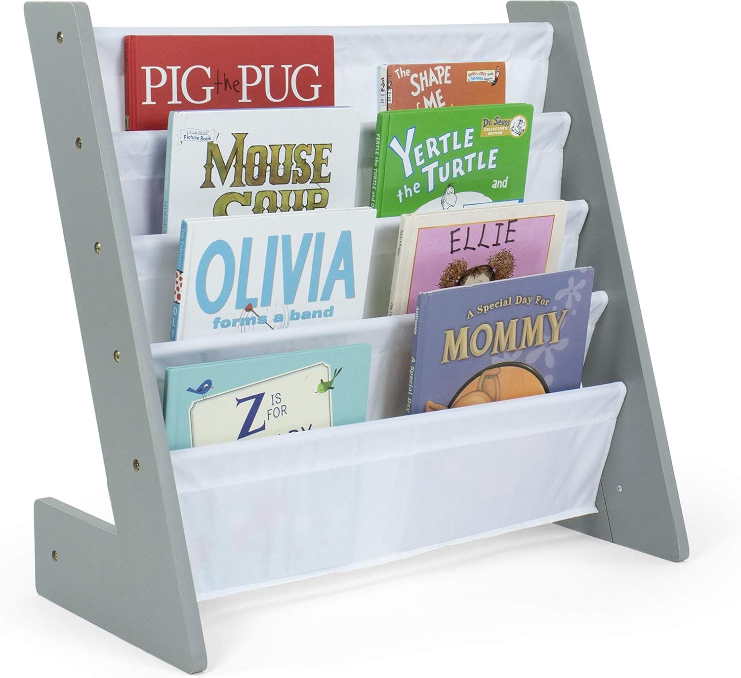 Humble Crew Inspire 4-Tier Kids Bookshelf, Grey Wood/White – Toddler Sling Book Rack with Deep Fabric Pockets – Front-Facing Book Organizer for Nursery, Playroom or Kids’ Room