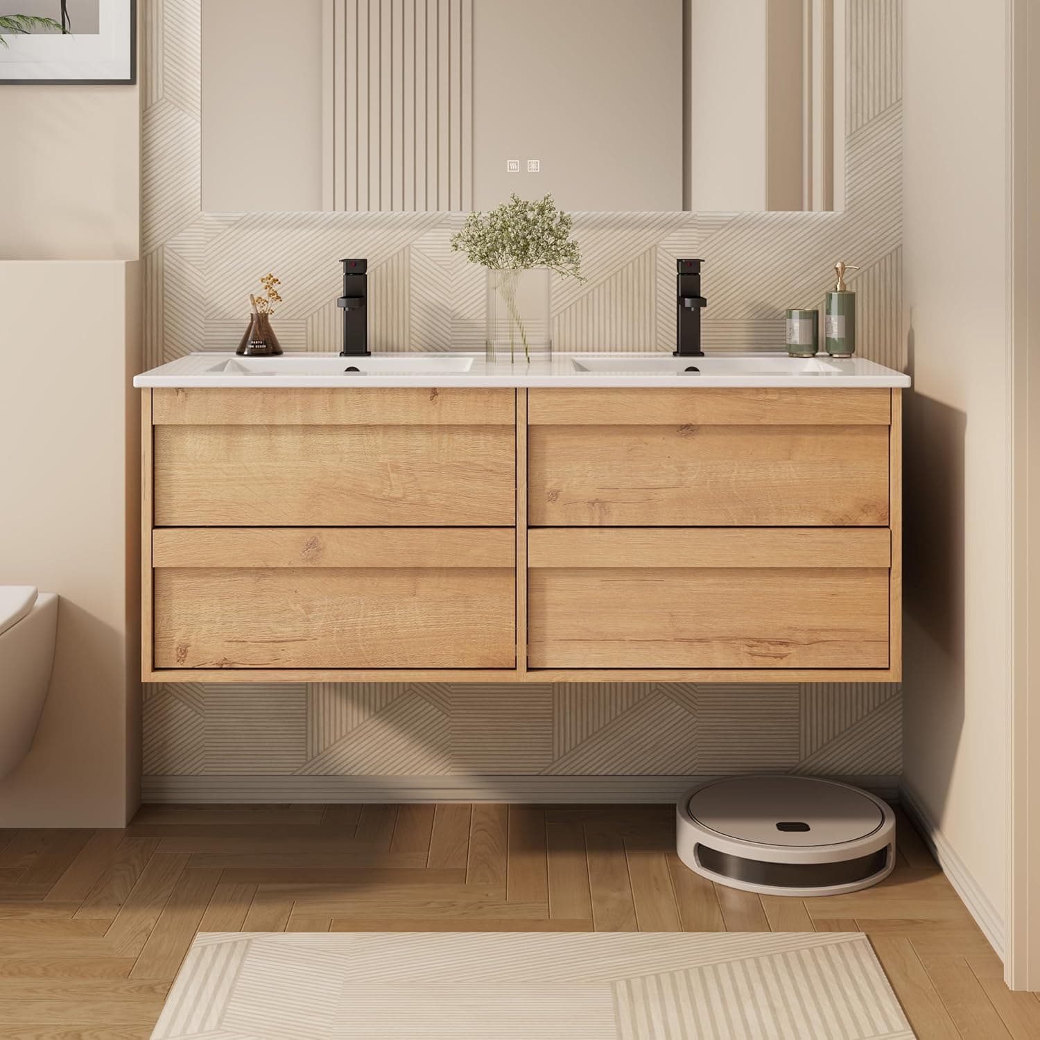 eclife 48" Floating Bathroom Vanity with Integrated Sink Combo, Wall Mounted Storage Cabinet with 4 Drawers, Matte Black Faucet & Pop Up Drain, Nature