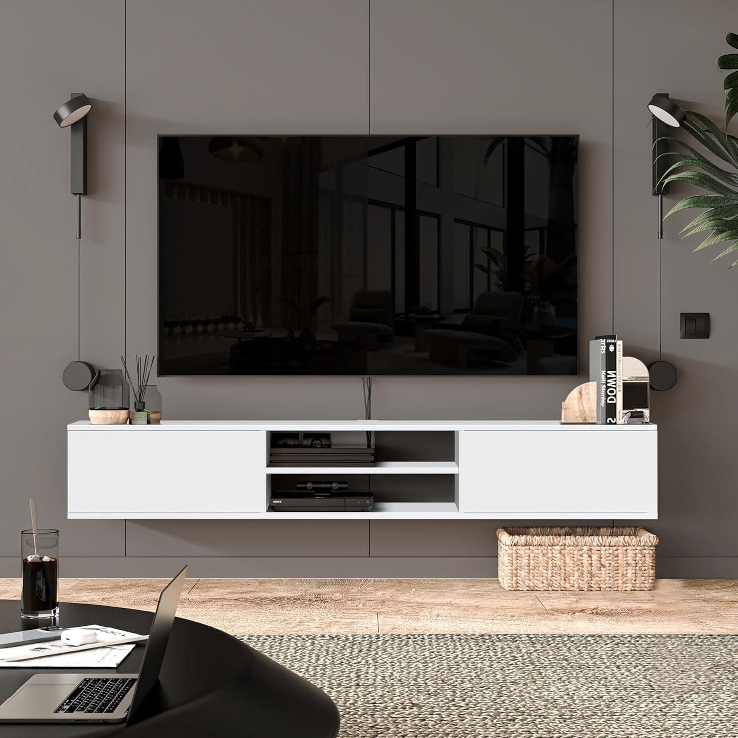 Atelier Mobili Floating TV Stand Wall Mounted, 70 inch Media Console, Floating Entertainment Center, White TV Stand for 75 inch TV