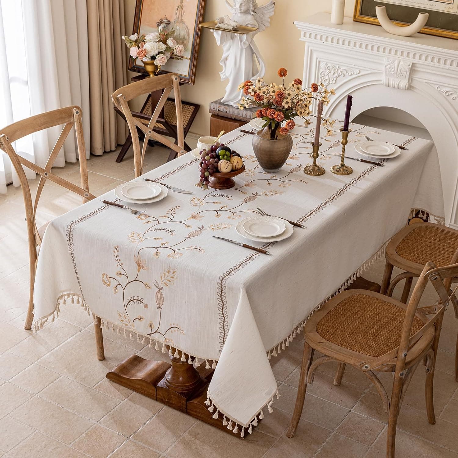 Joyfol Day Rustic Rectangle Table Cloth, Heavy Duty Linen Florals Embroidery Fall Tablecloths, Farmhouse Waterproof Tablecloth, Wrinkle Free Table Cover with Tassels, Coffee Berry, 55''x 102''