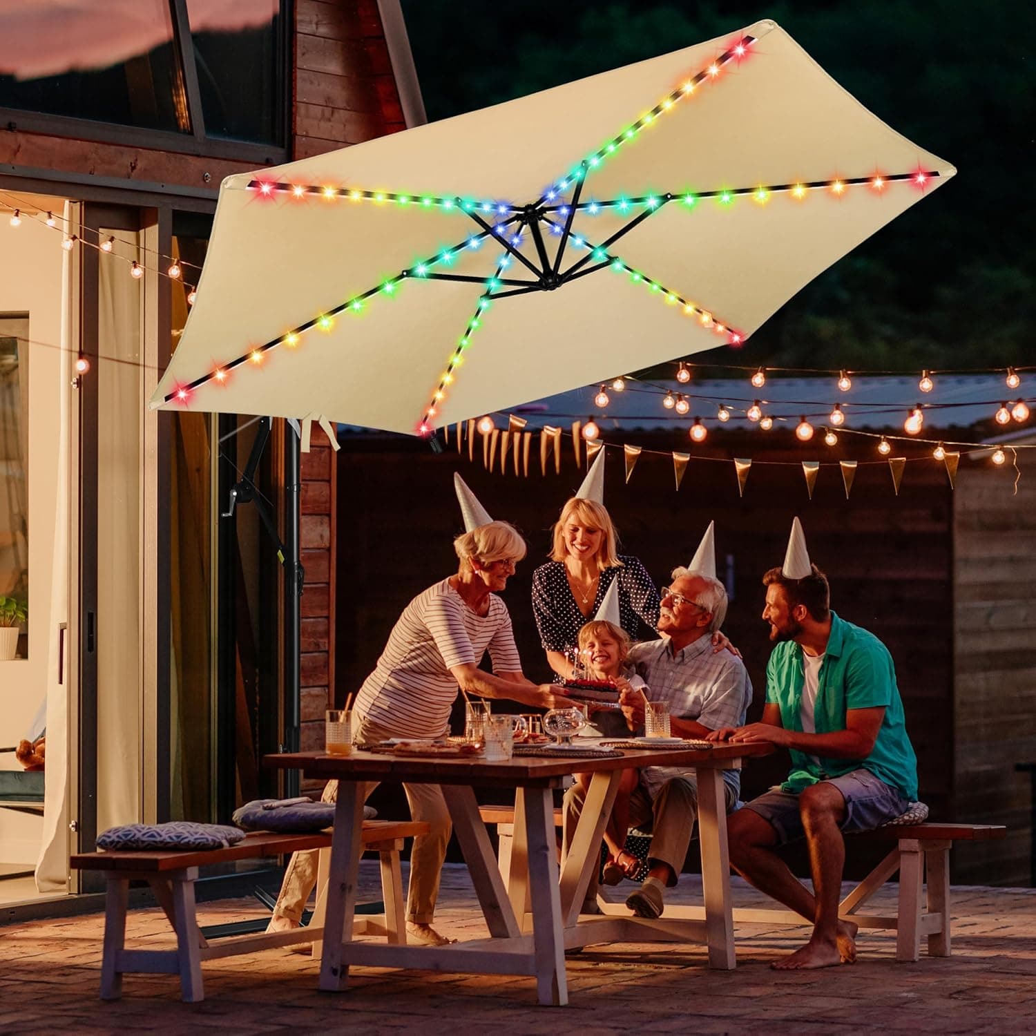 FRUITEAM Solar Colorful LED Lights Offset Patio Umbrella, 10 FT Heavy Duty Cantilever Outdoor Umbrella with 200+ Light Modes, All-Weather UV Protection Sun Shade for Poolside, Garden, Backyard (Beige)