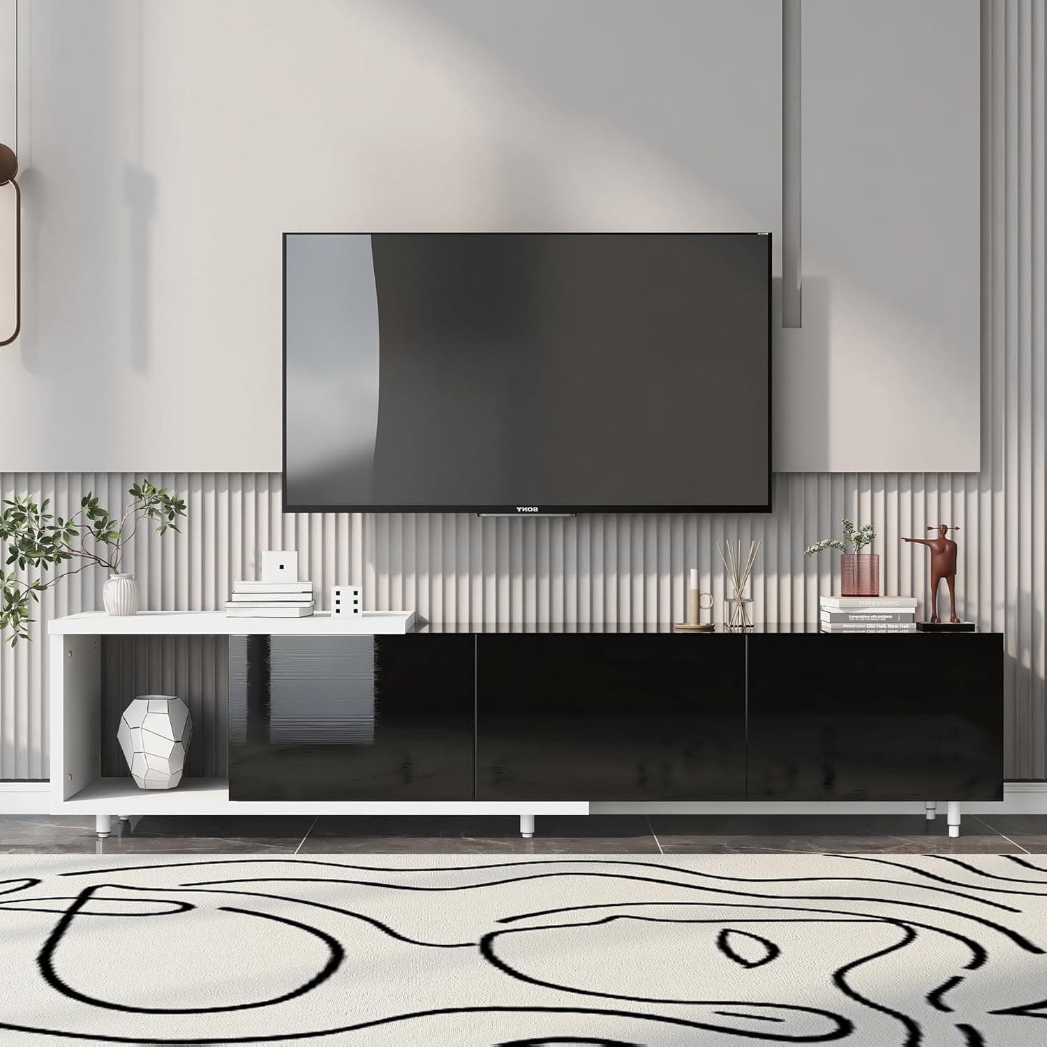 Amposei 70~100'' Extendable Modern TV Stand for 80+Inch TVs, Wooden Entertainment Center Media Console Storage Cabinet with Drawers & Open Shelf for Living Room, Black