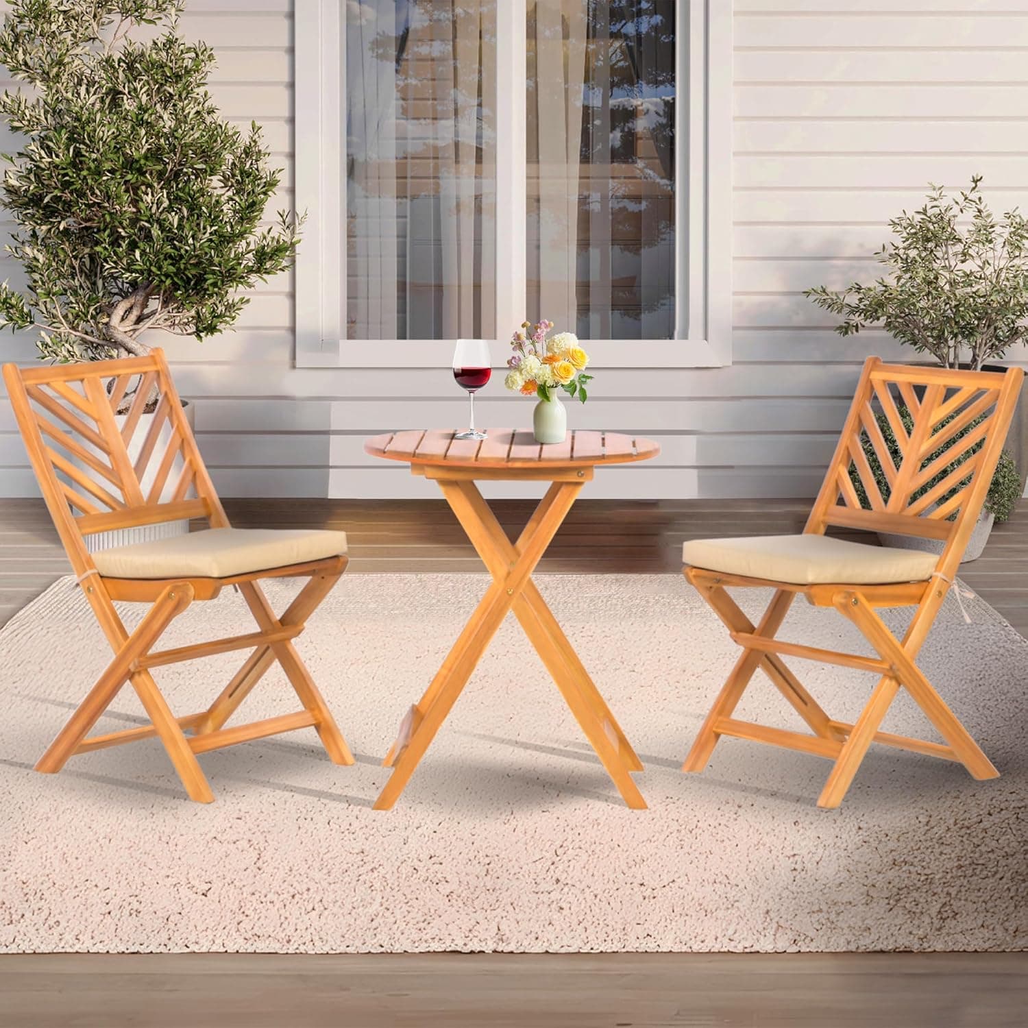 3-Piece Acacia Wood Patio Set, Foldable Bistro Table and Chairs Set of 2,Small Patio Furniture Set with Cushions,Folding Balcony Chairs Table Set for Apartment, Balcony, Deck or Porch