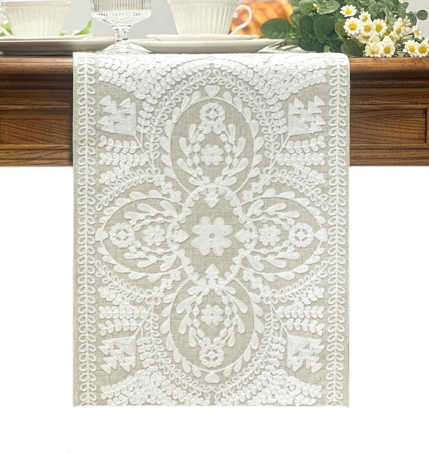 KEVA Boho Table Runner 72inches Long, Farmhouse Linen Table Runner, Rustic Vintage White Embroidered Table Runners 13x72 Inch for Dining Table Decorations