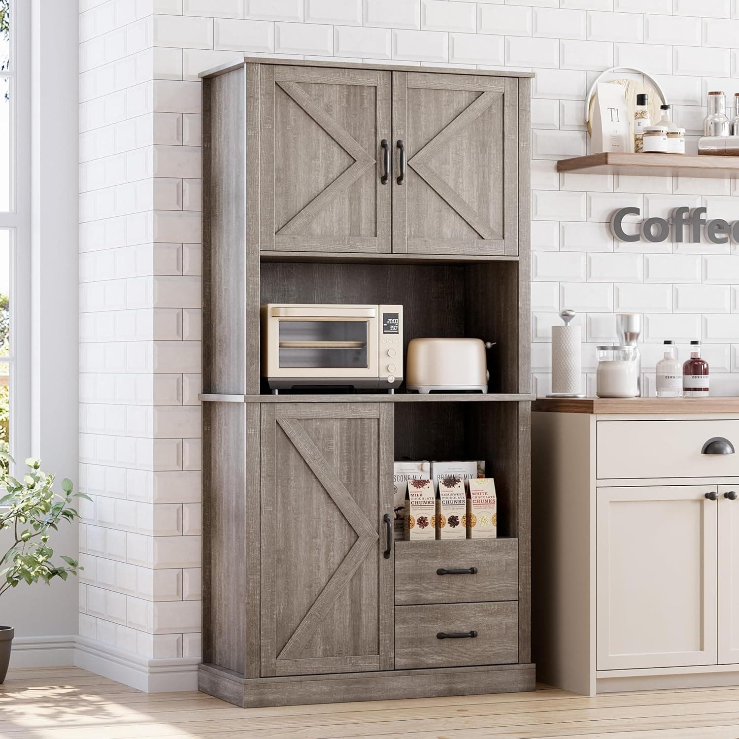 GarveeHome Modern Kitchen Pantry Cabinet with Microwave Stand, Tall Hutch Bar Cabinet with Drawers & Adjustable Shelves, Large Wood Storage for Dining Room, Living Room, Rustic Grey