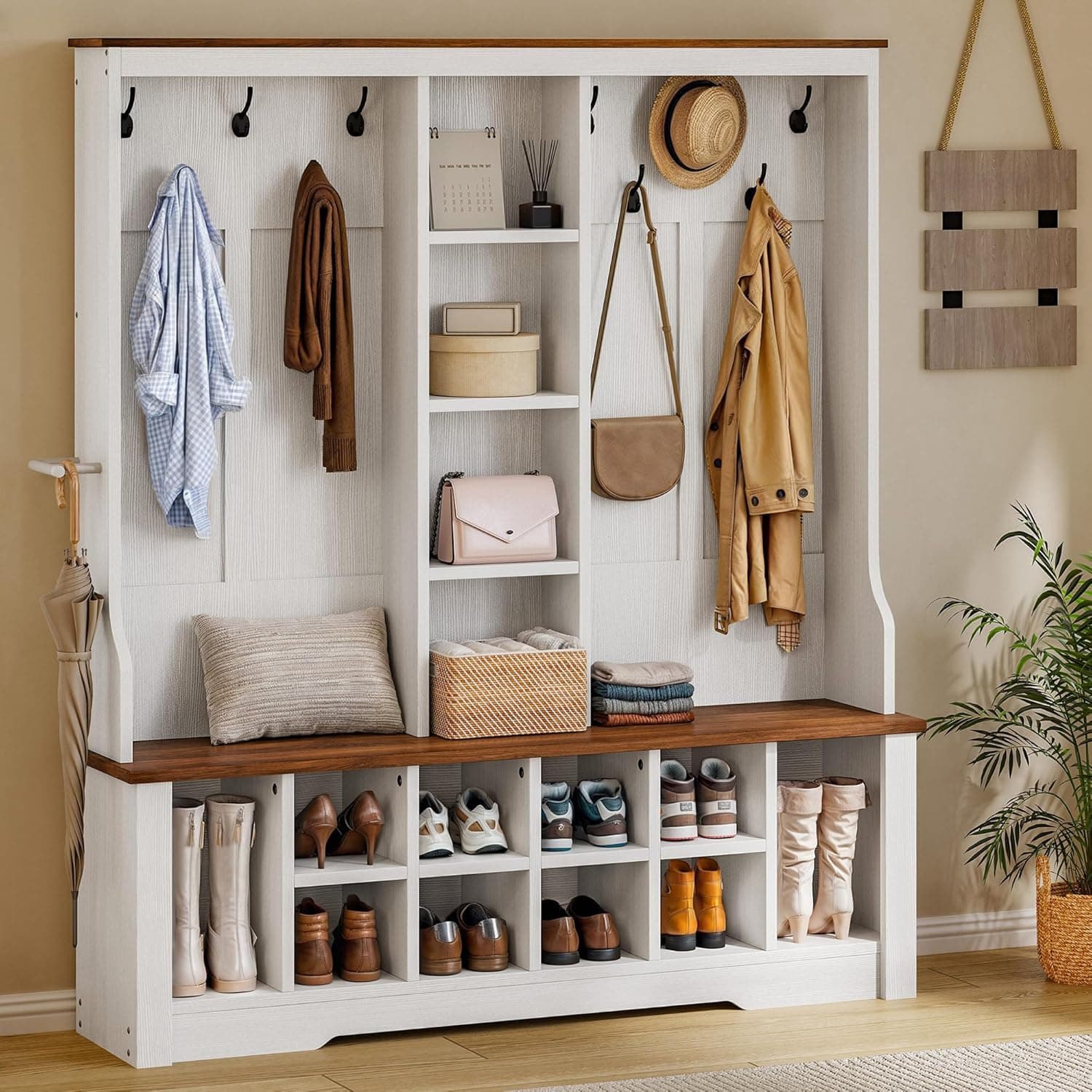 DWVO 59" Wide Hall Tree with Bench and Storage for Hallway Entryway, 10 Shoe Cubbies & 10 Coat Hooks, 4-Tier of Center Storage Open Cabinets, Coat Rack with Space for Bedroom Living Room (White)