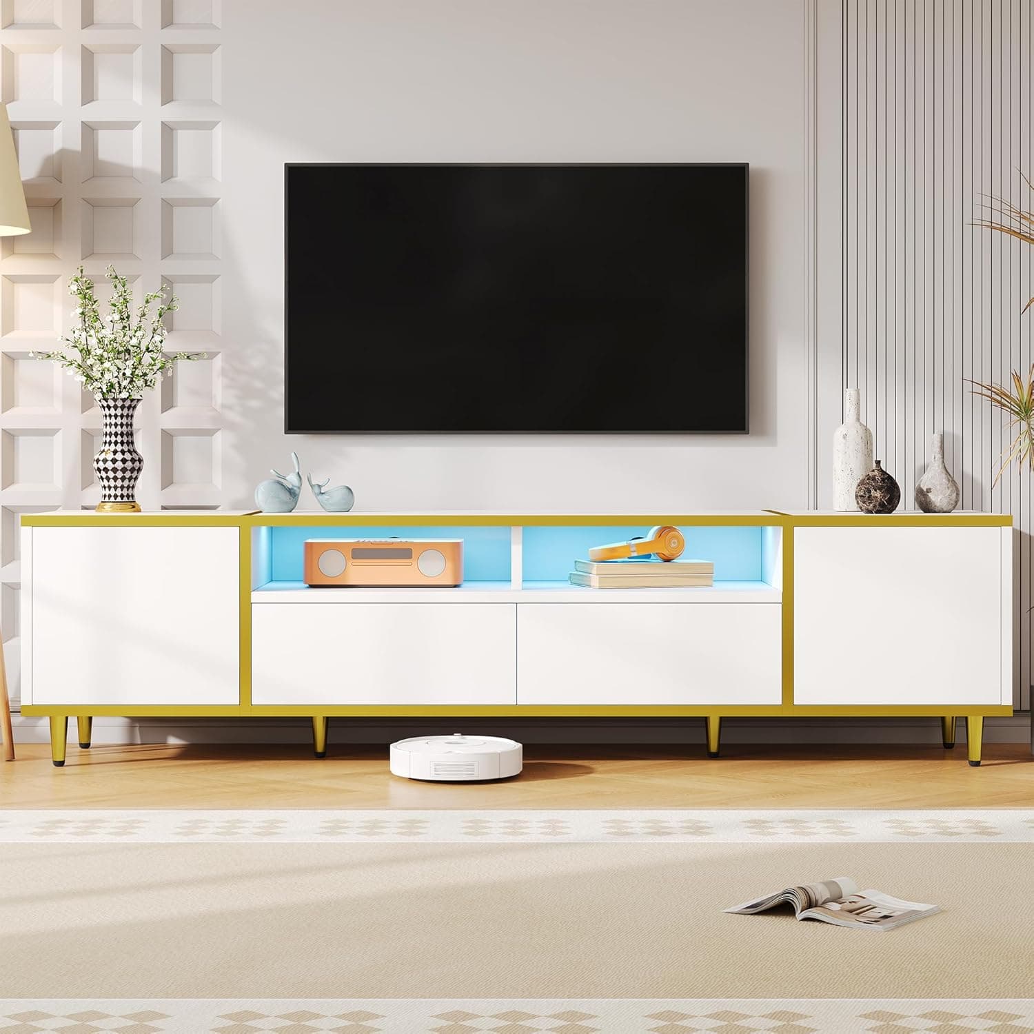 70.9'' Modern TV Stand for TVs up to 80 Inches, Entertainment Center Media Console Cabinet with 2 Shelves and LED Lights, TV Storage Cabinet with 2 Drawers, 2 Cabinets and Metal Legs for Living Room