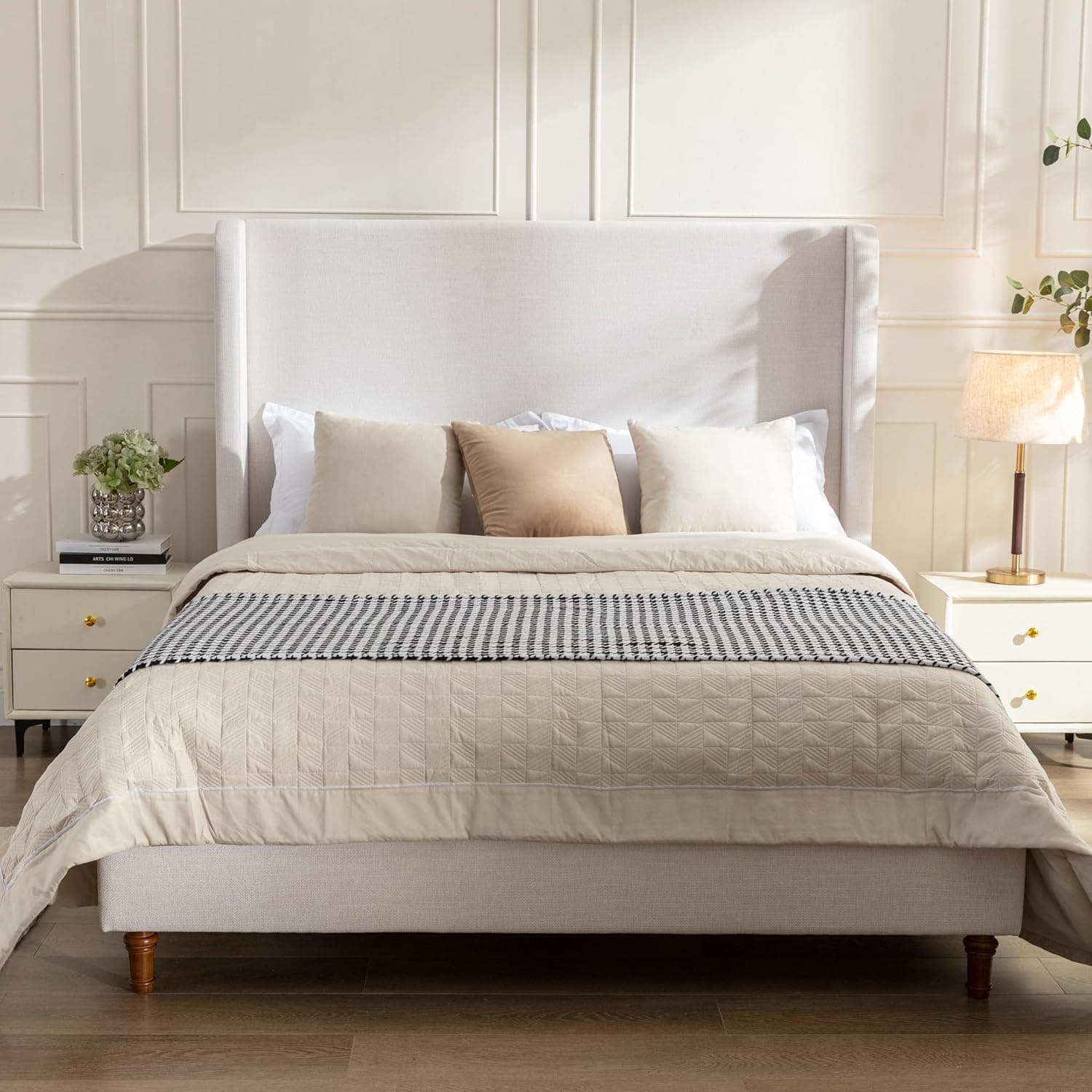 King 54" Tall Headboard Wingback Upholstered Platform Bed Frame Elegant Simplicity Textured Canvas for Bedroom Strong Wood Slats Support No Box Spring Needed Easy Assembly No Noise Ivory