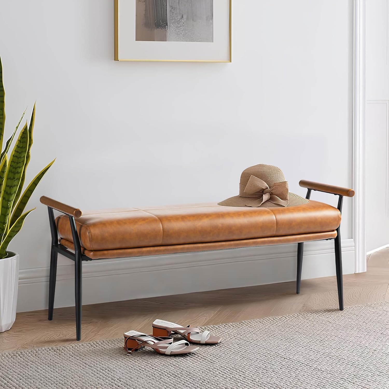 Glitzhome 48''L End of Bed Bench with Rubberwood Handle, Leather Ottoman Bench, Entryway Shoe Bench with Metal Legs, Dining Bench for Dining Room Bedroom Living Room, Brown