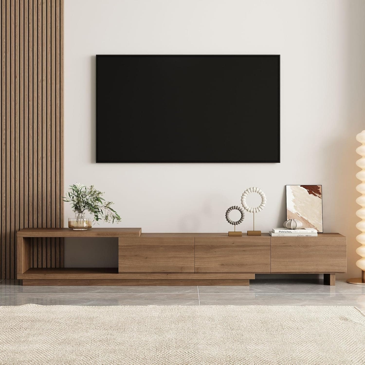 homary Extendable Walnut TV Stand – Modern Media Console with 3 Drawers, Adjustable Length (71"–100") for 80" TV, Living Room Entertainment Storage Cabinet (MDF, Walnut)