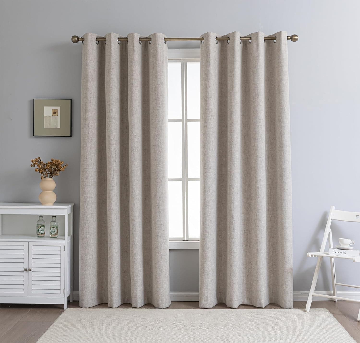 PFAS Free Natural Linen Curtains 84 inch Length 2 Panels Set Burg 100% Blackout Long Drapes for Bedroom Living Room Blackout Darkening Curtain Thermal Insulated (52x84 inch,Natural)