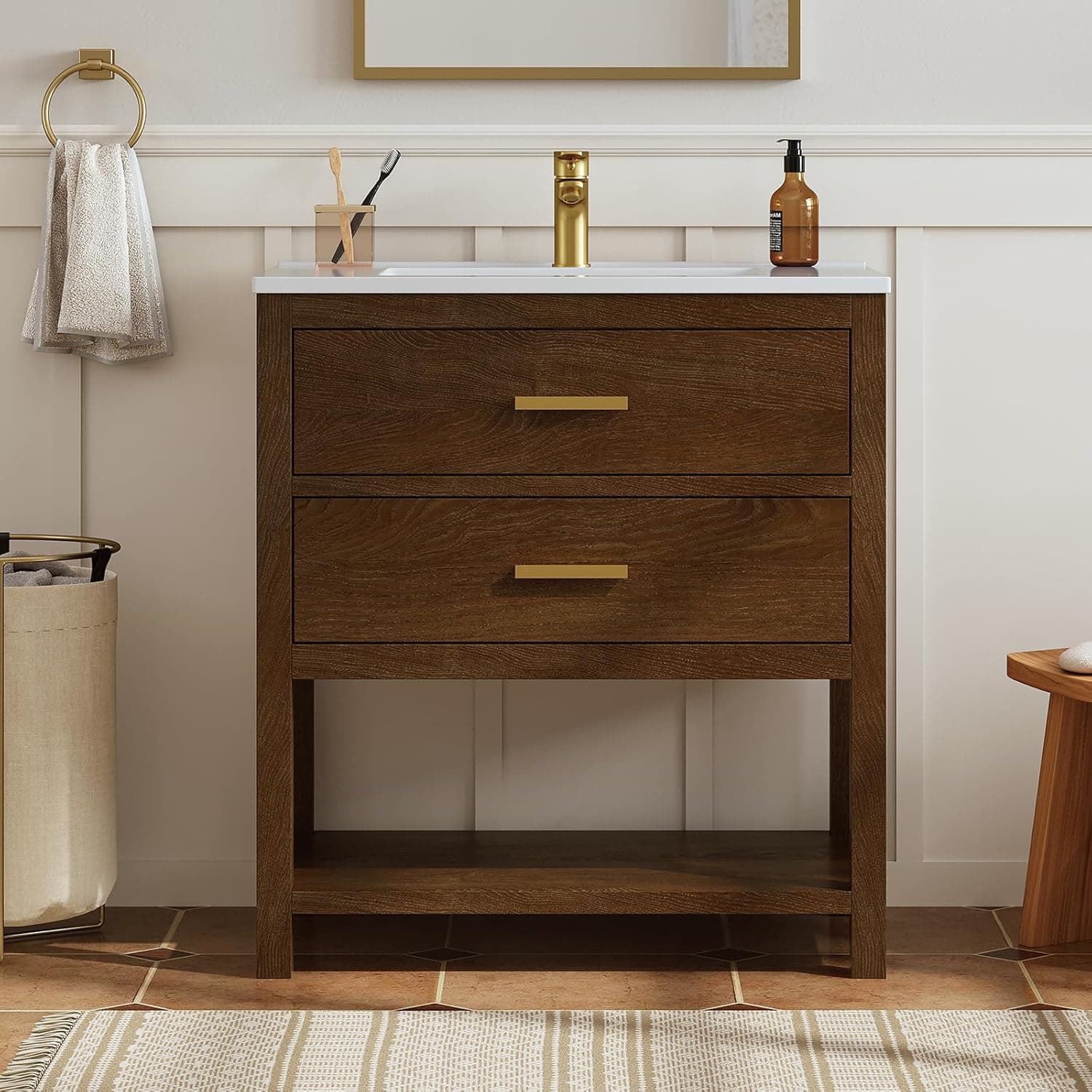 30 Inch Bathroom Vanity with Sink, Farmhouse Storage Cabinet with Drawers & Open Storage Shelf, Easy Assembly, Adjustable Feet, Walnut