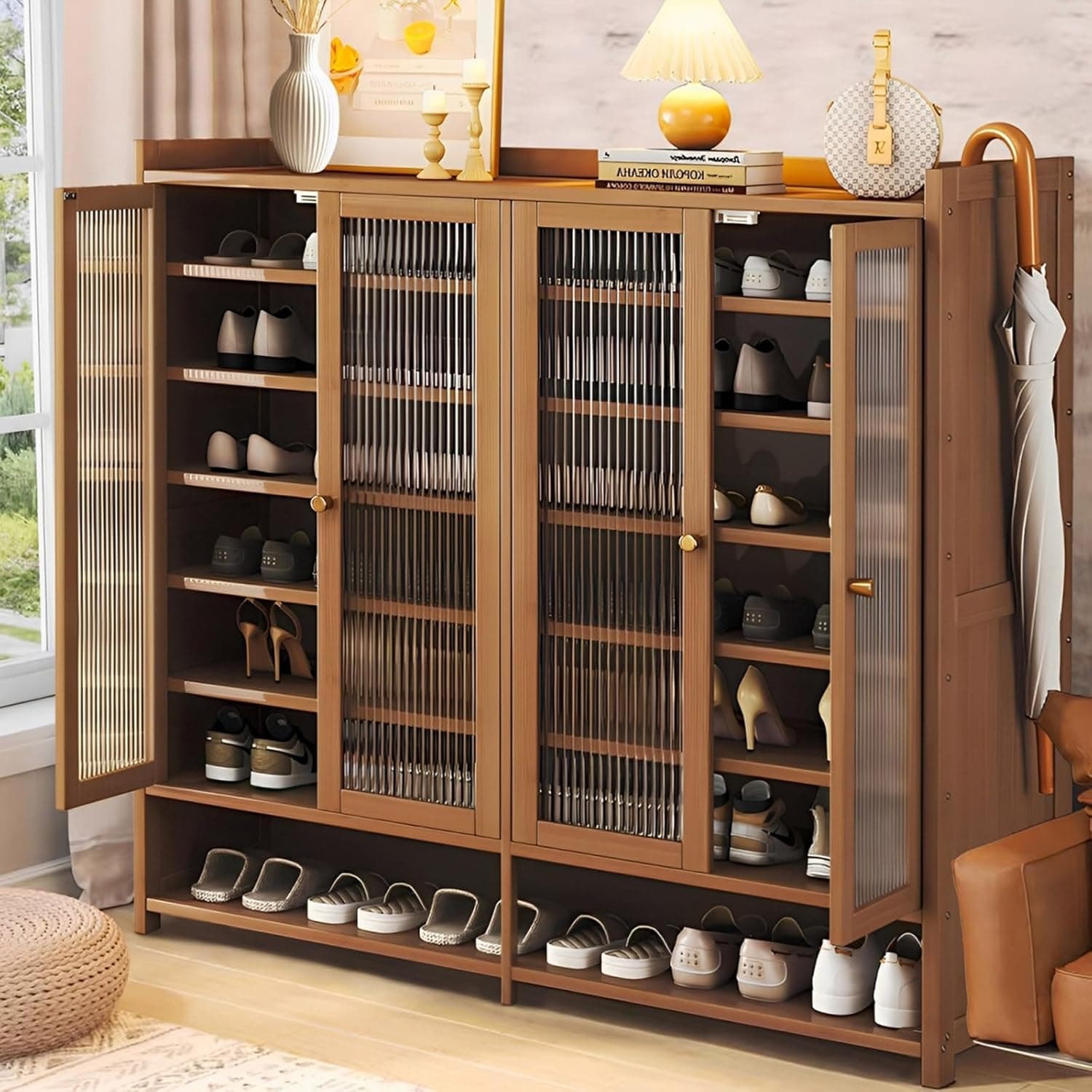 Bamboo Shoe Cabinet, 8-Tier Shoe Storage Cabinet with Doors, Freestanding Bamboo Shoe Rack Organizer with Shelves for Entryway, Hallway, Closet, Living Room (Brown-5)