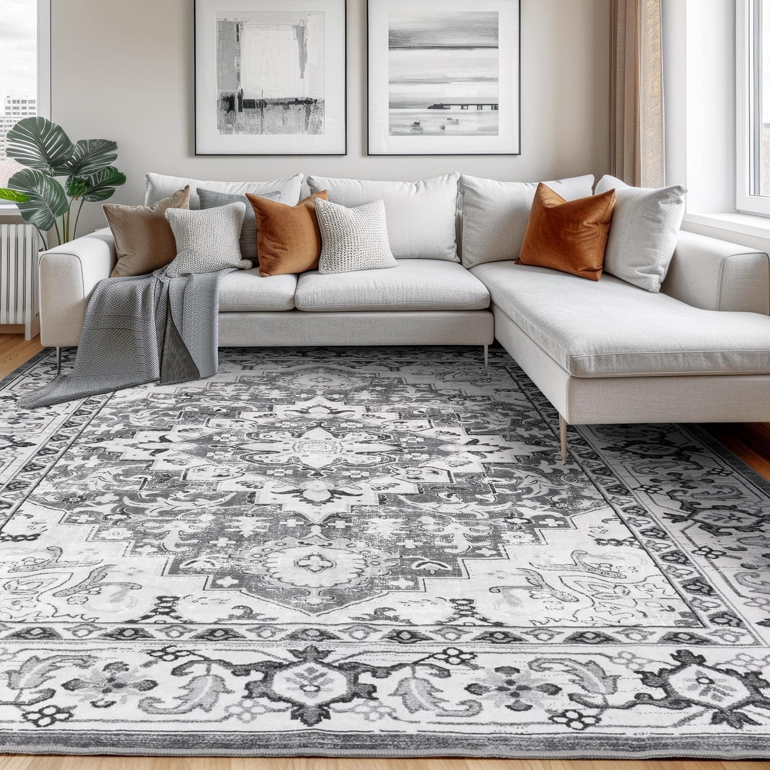 Lessymo Washable Area Rugs 6x9- Boho Area Rug Low Pile for Bedroom Living Room Kitchen, Ultra-Soft Faux Wool Vintage Area Rug with Non-Slip Rubber, Kid & Pet Friendly, Grey Cream White
