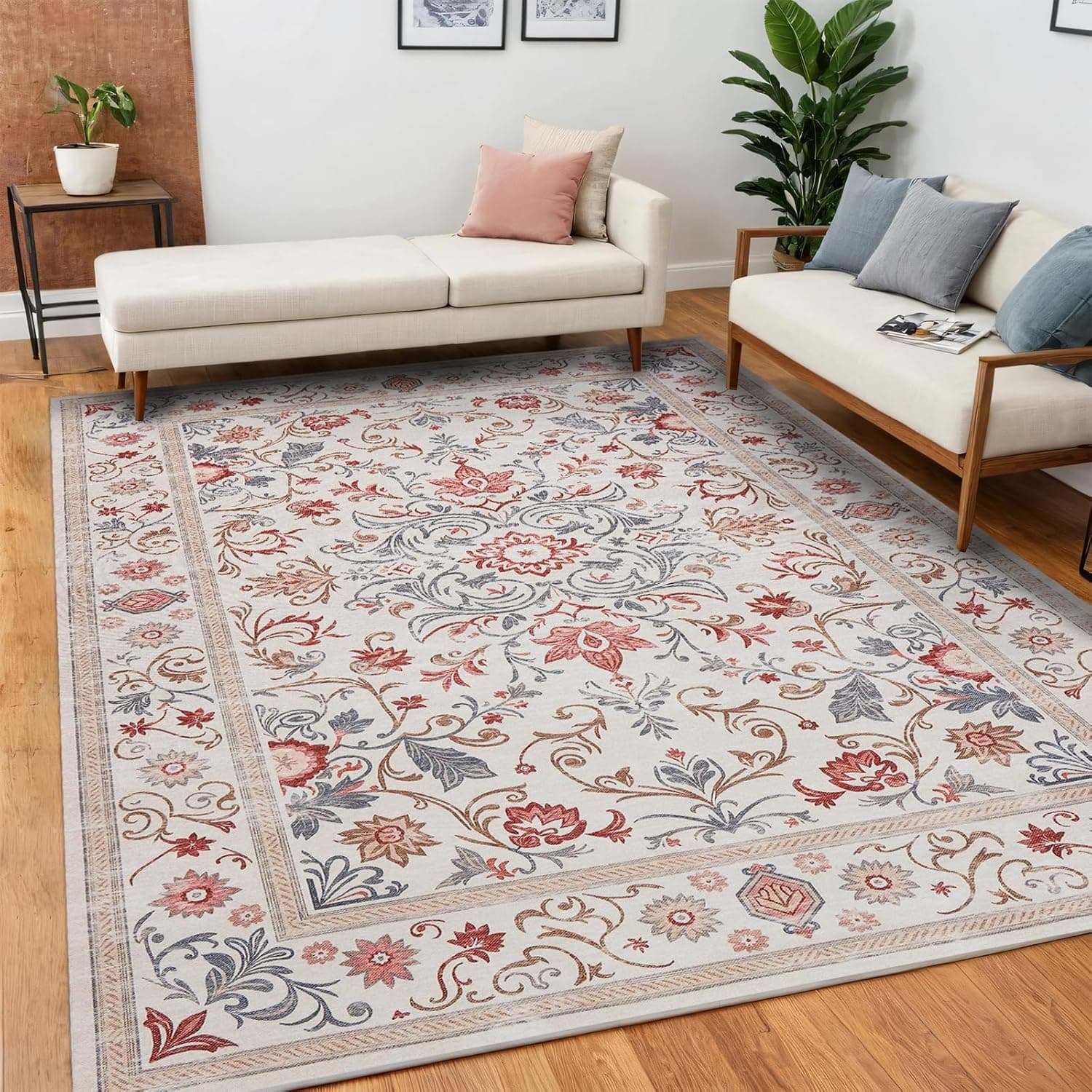 RURALITY 5x7 ft Indoor Outdoor Area Rugs for Living Room Bedroom Kid's Room,Vintage Boho Carpets with Non-Slip Backing for Deck,Patio,Balcony,Washable,Pink-2