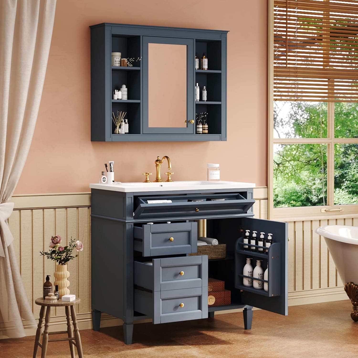 Marzzi 36" Modern Bathroom Vanity Set with Matching Mirror Cabinet, Single Sink, 2 Drawers & Tip-Out Drawer, Medicine Cabinet, Solid Wood Frame, Blue