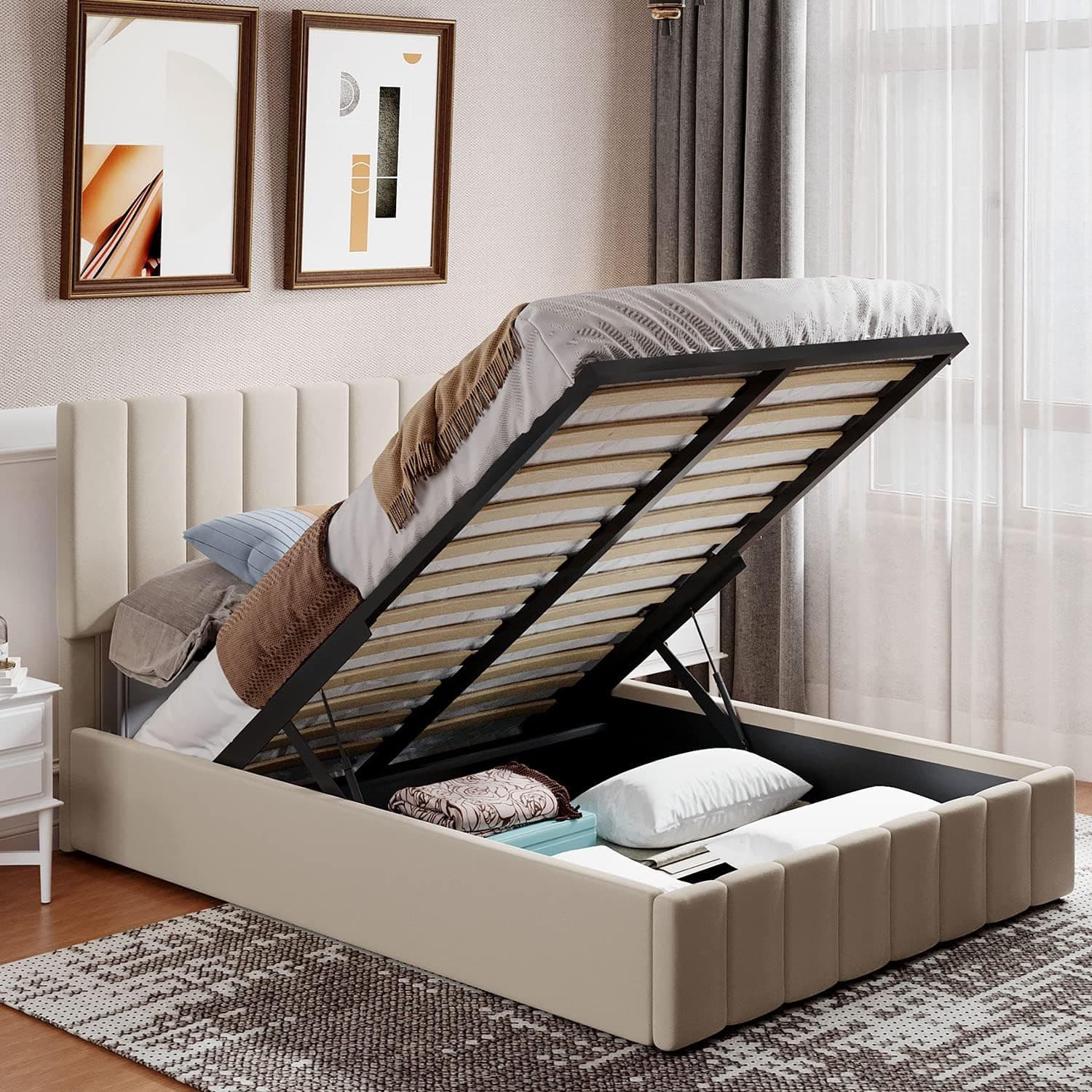Harper & Bright Designs Lift Up Storage Bed Full Size Upholstered Bed with Tufted Headboard and Storage Underneath, Wooden Platform Bed Frame for Kids Teens Adults (Full Size, Beige)