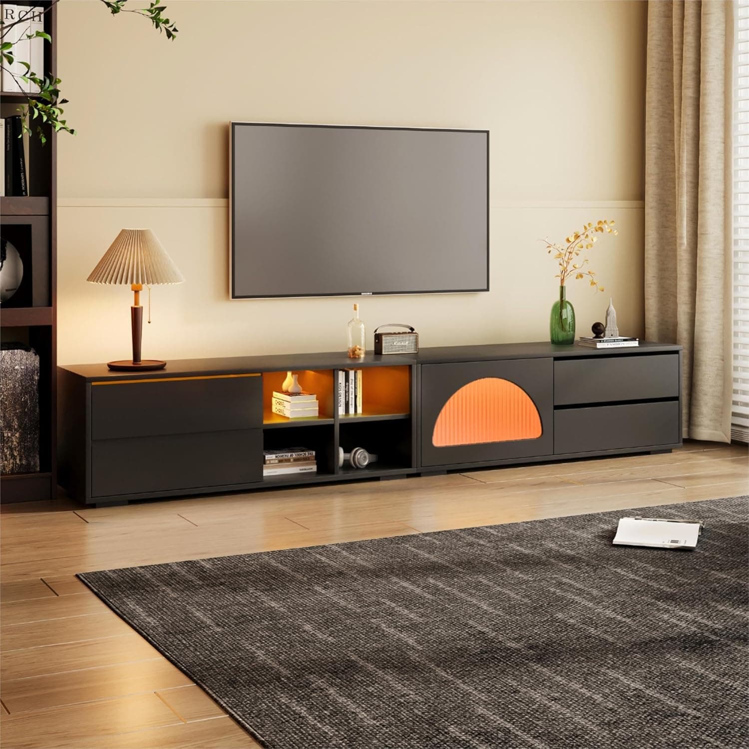 Modern TV Stand with Fluted Glass Door for TVs Up to 100", Media Console with Sliding Door & 2 Drawers, Free-Combination Entertainment Center with LED Light for Living Room, Bedroom, Black