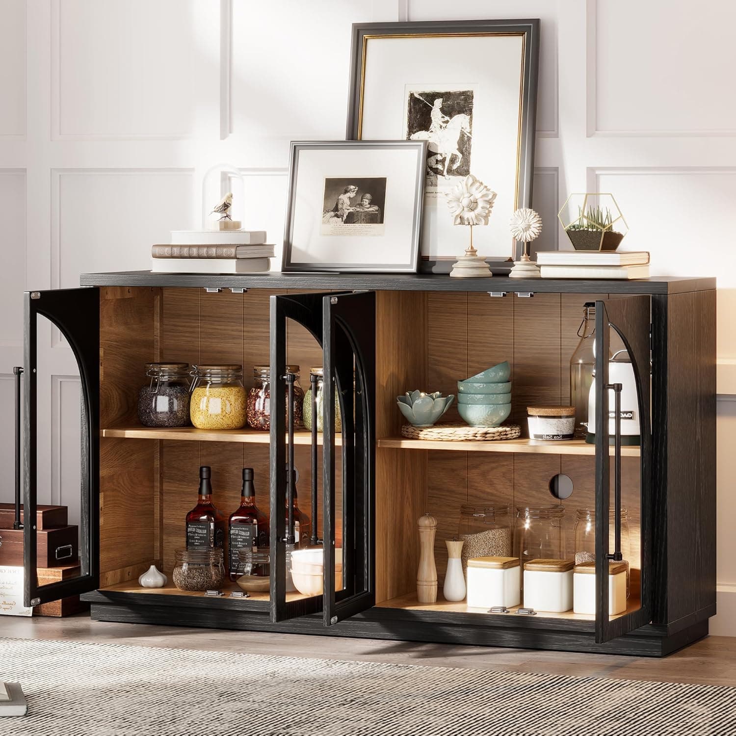 FANYE Retro Style Glass Arch 4-Door Buffets Sideboard Functional Buffets Sideboard with Adjustable Height Shelves and Metal Handles Accent Perfect for Kitchens, Dining Room, Entryway,Living Space