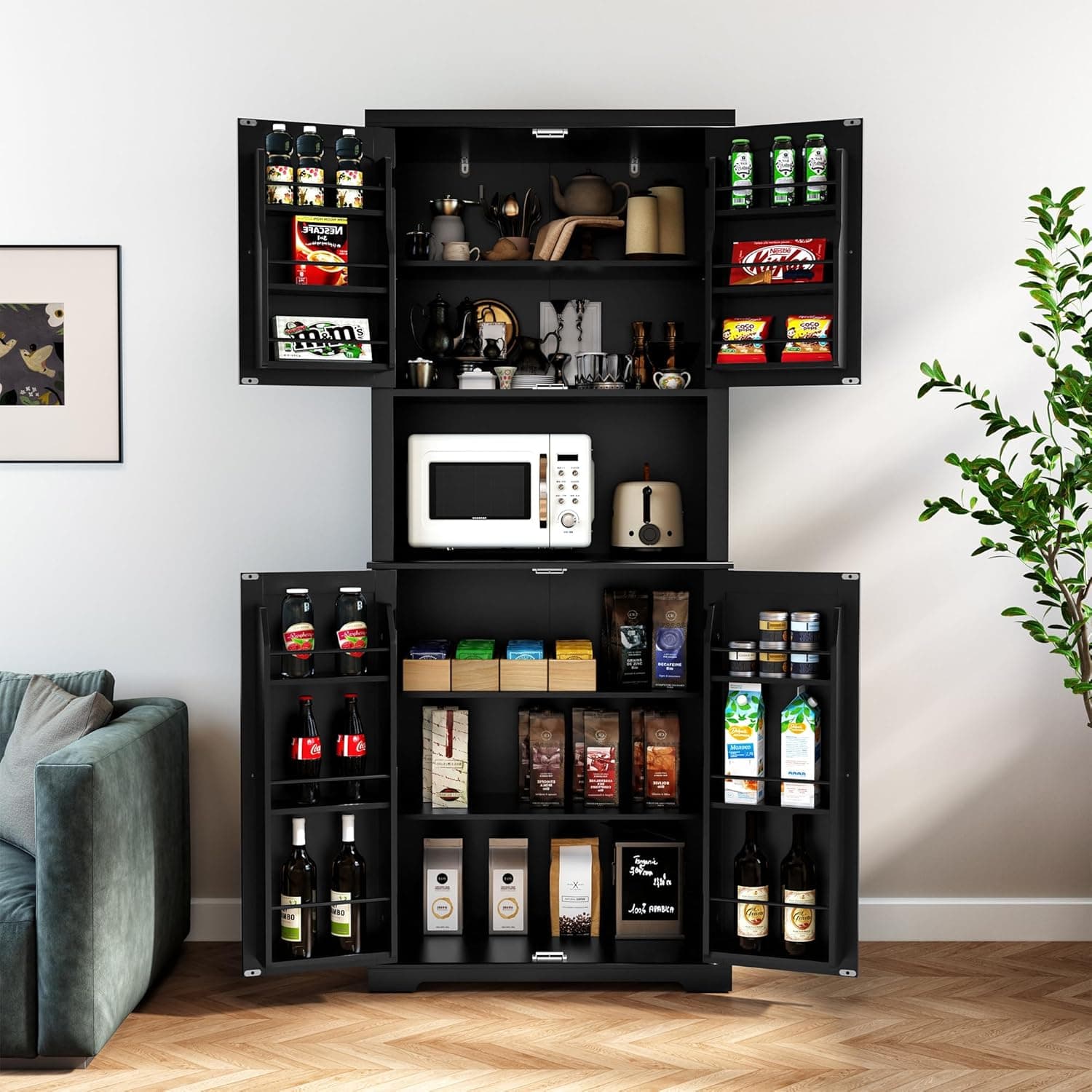 HLR 72" Kitchen Pantry Storage Cabinet, Freestanding Larder Cupboard, Kitchen Hutch Cabinet with Microwave Stand,Utility Pantry with Doors and Shelves for Dining Room, Living Room