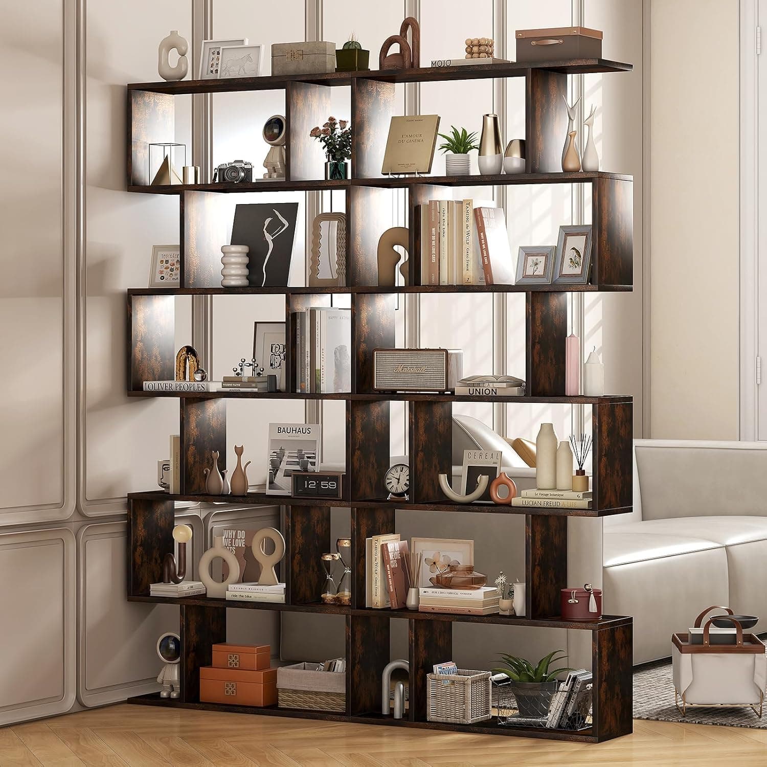 6 Tier Geometric Bookshelf, Book Shelf Room Divider, S-Shaped Modern Bookshelf, 75" Tall Decorative Display Shelf, Vertical Staggered Bookcase for Bedroom Home Office (2, Rustic Brown)