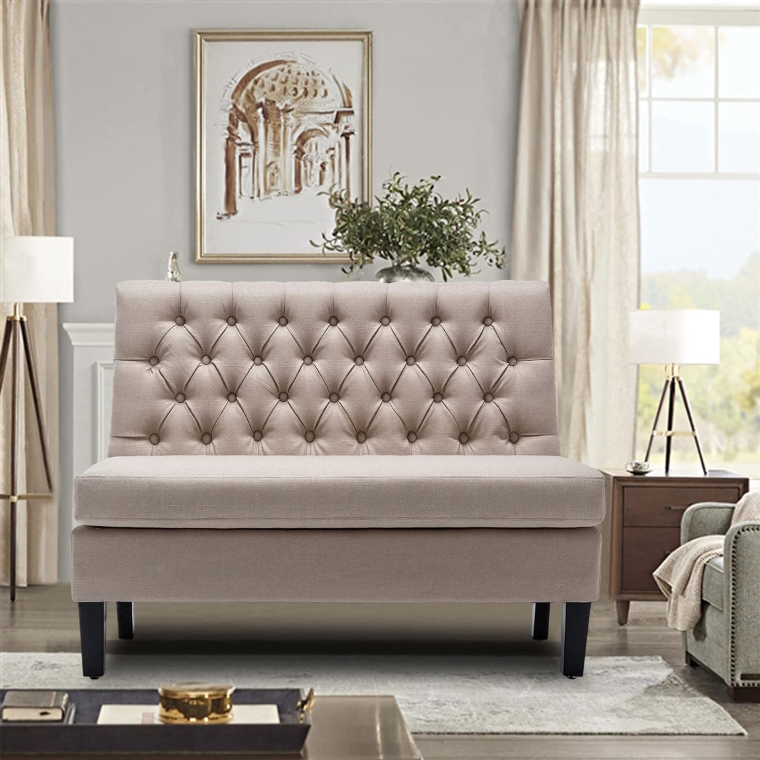 Andeworld Modern Loveseat Settee Button Tufted Sofa Couch Upholstered Banquette Dining Bench High Back Living Room Funiture,Khaki